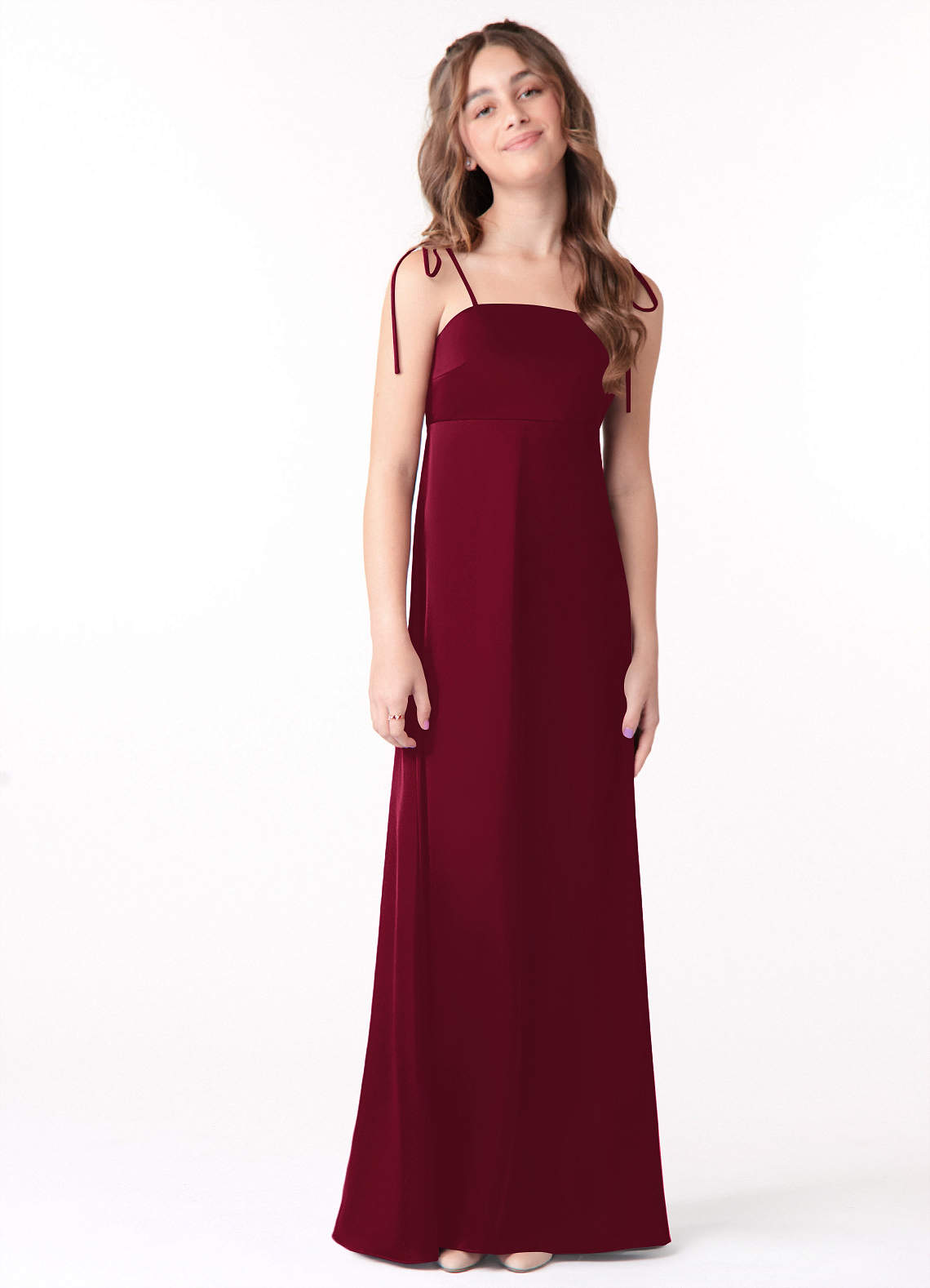 Azazie Violeta Junior A-Linie Schleifen Stretch-Satin Kleid Burgunderrot image1
