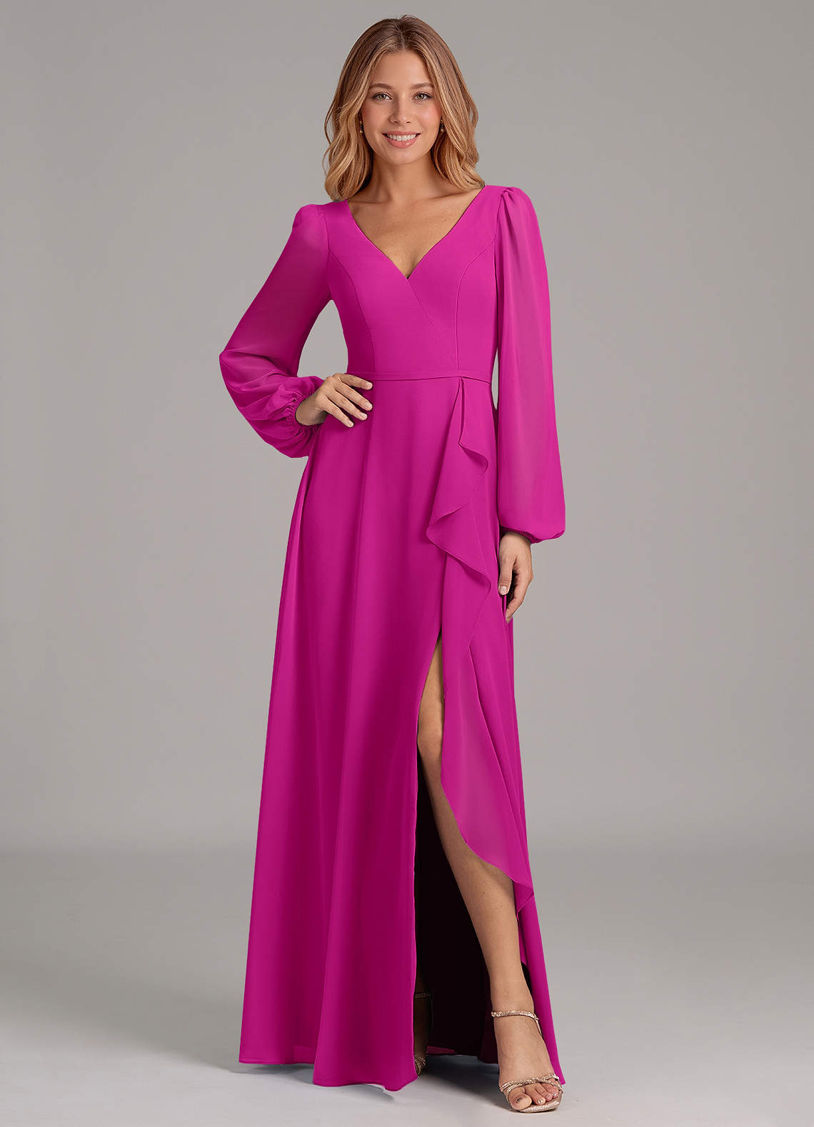 Azazie Simone Jurken voor bruidsmeisjes Jurk van Chiffon met A-Lijn Lange mouw Fuchsia image1