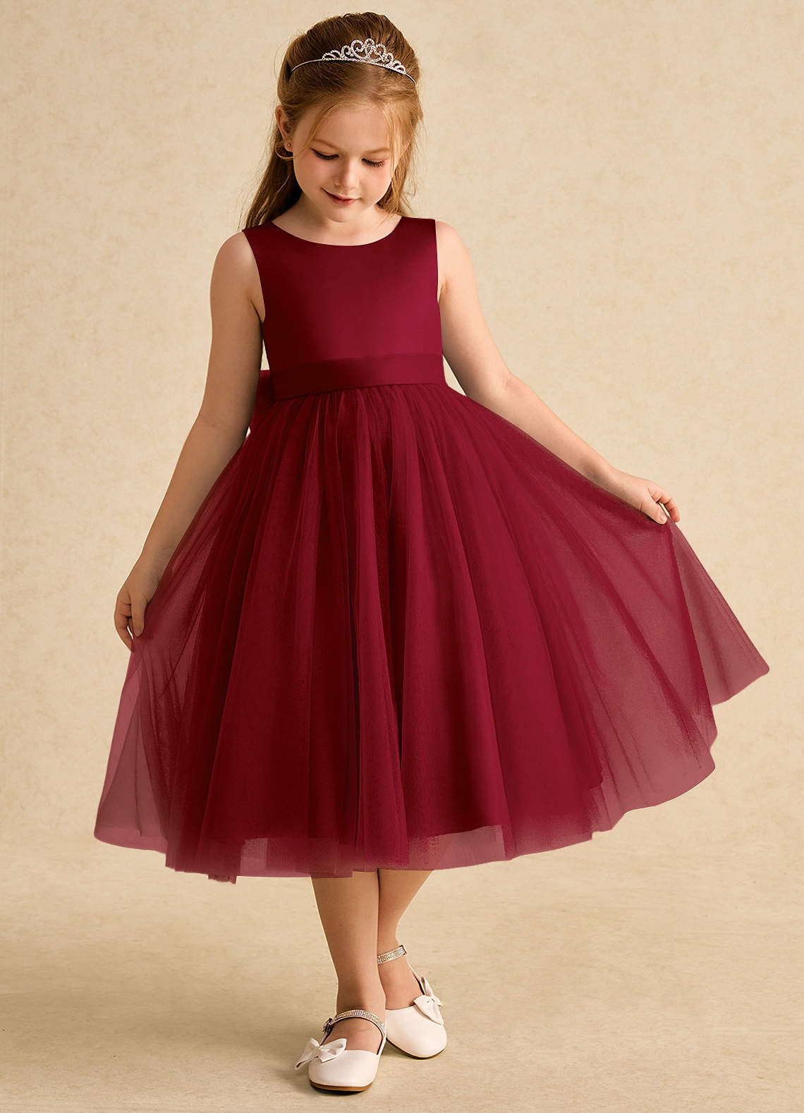 Azazie Winnie Robe Demoiselle D'honneur Fillette Robe Princesse en Tulle Arc Bourgogne image1