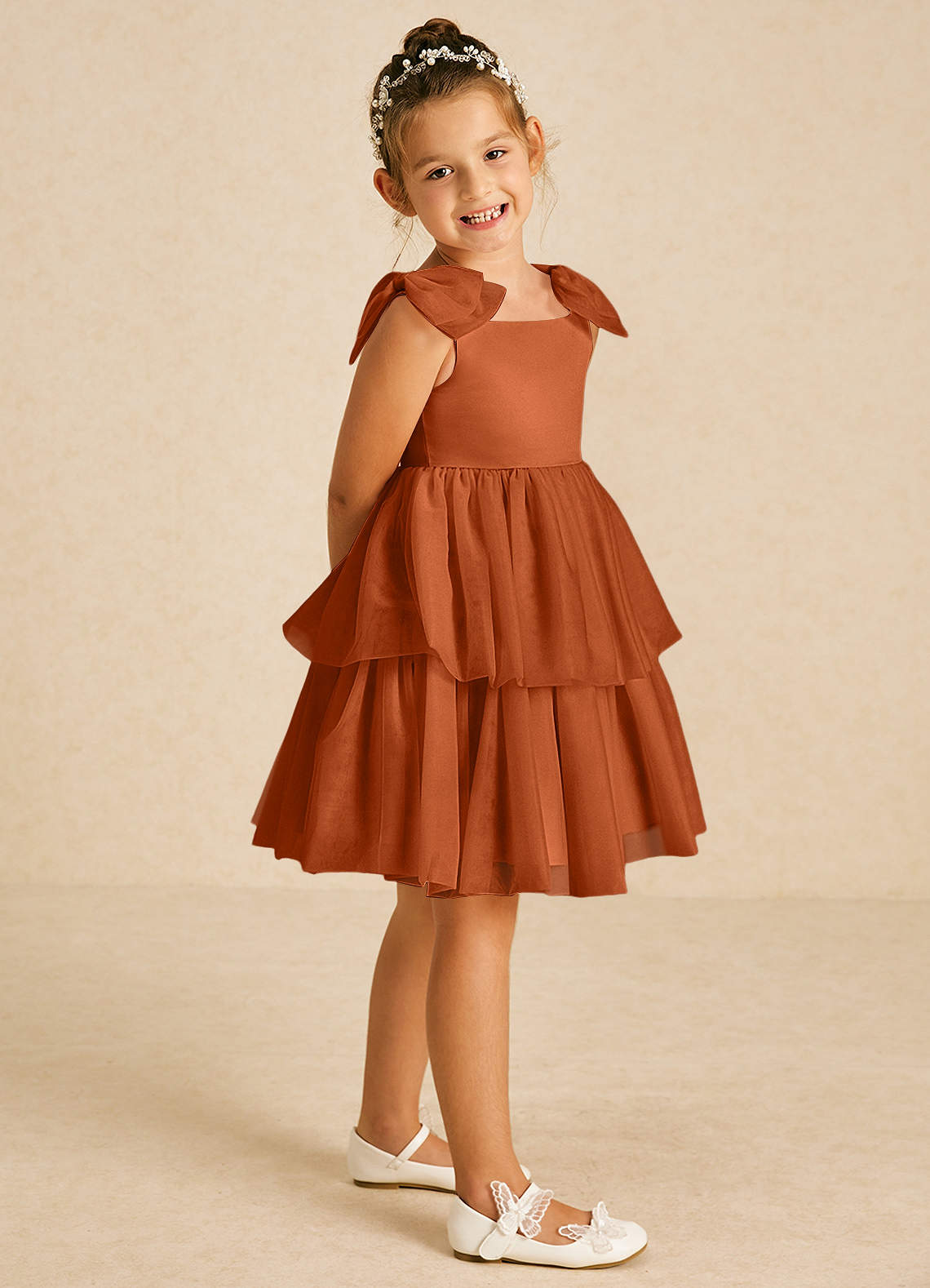 Azazie Vanellope Blumenmädchenkleider A-Linie Schleifen Tüll Kleid Gebranntes Orange image1