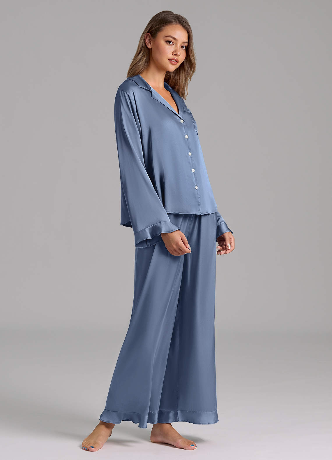 front Matching Color Ruffled Satin Long Sleeve Pajama Set