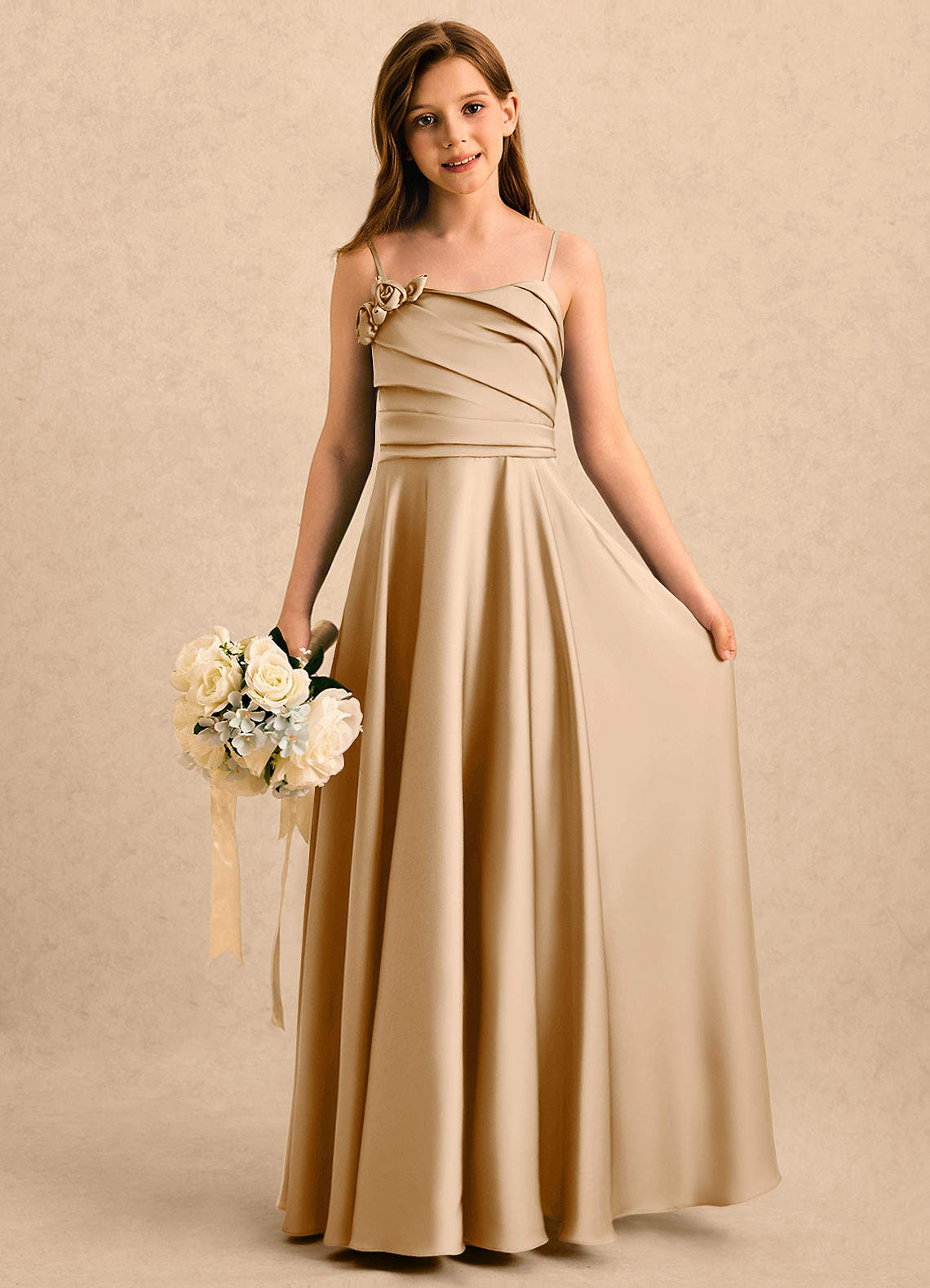 Azazie Gracie Girls Formal Gold A-Line Sweetheart Neckline Stretch Satin Dress Ready to Ship