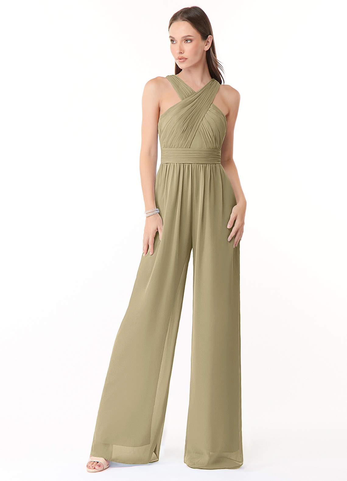 Azazie Berdie Abiti da Damigella Tuta in Chiffon con Scollo Halter Verde Muschio image1