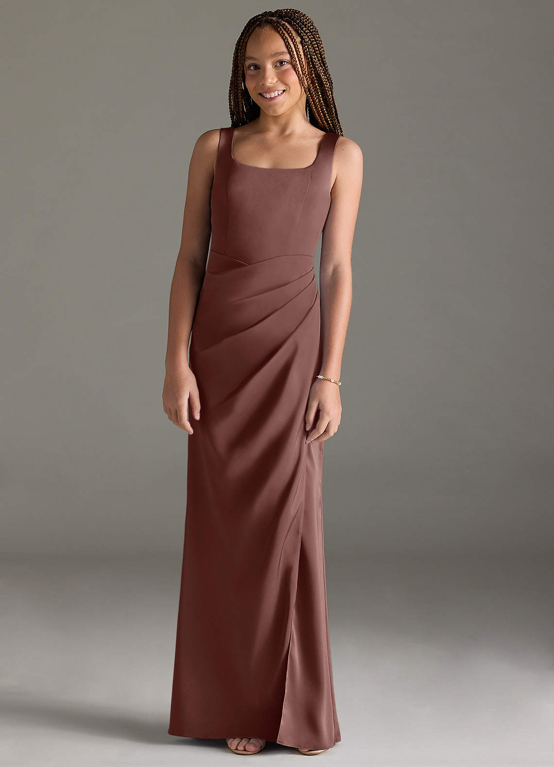 Azazie Mero Junior Espresso Mermaid Pleated Stretch Satin Dress image1