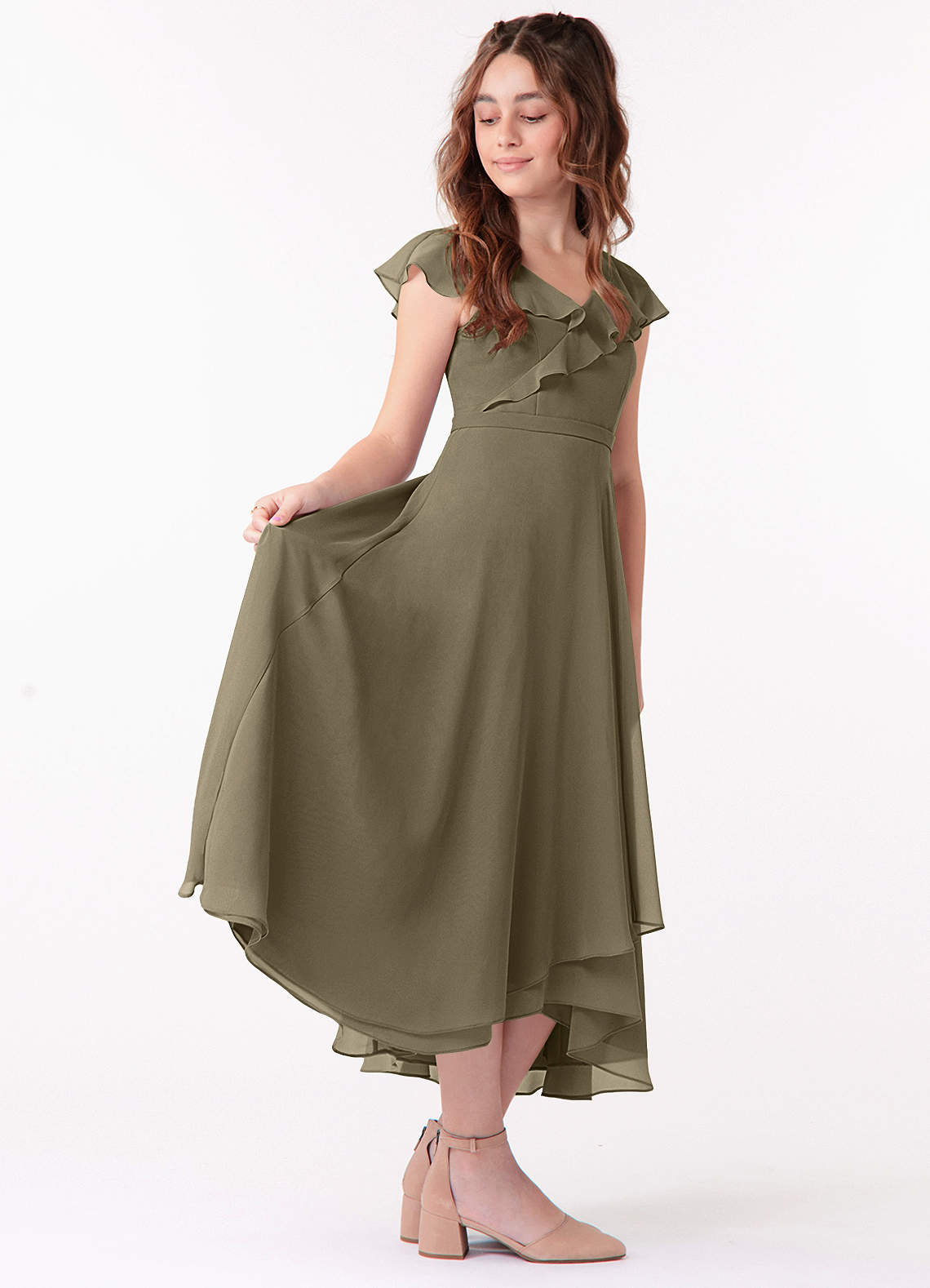 Azazie Posie Junior A-Linie Gestreift Chiffon Kleid Weidengrün image1
