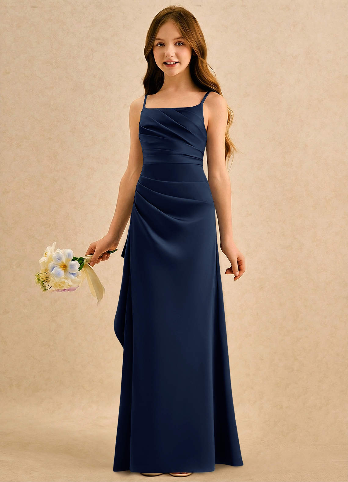 Azazie Cannoli Girls Formal Flower Girl Dresses Dark Navy A-Line Pleated Matte Satin Dress image4