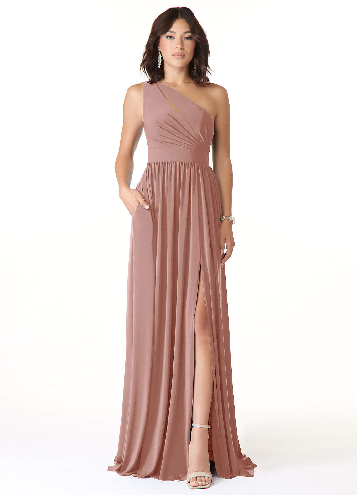 Azazie Jasna Vestidos de damas de honor Vestido de Rosa Polvorienta de Punto de lujo de Corte en A con Hombro unilateral image1