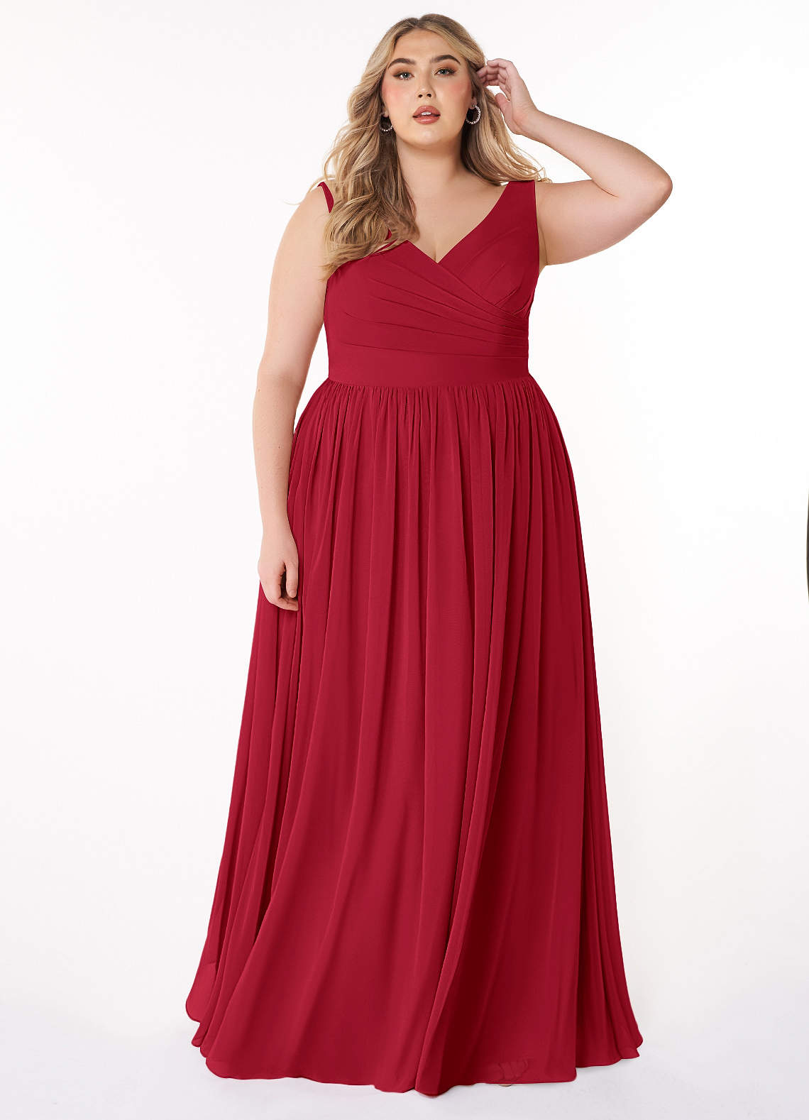 Azazie Keyla Bridesmaid Dresses Scarlet A-Line V-Neck Pleated Chiffon Dress image1