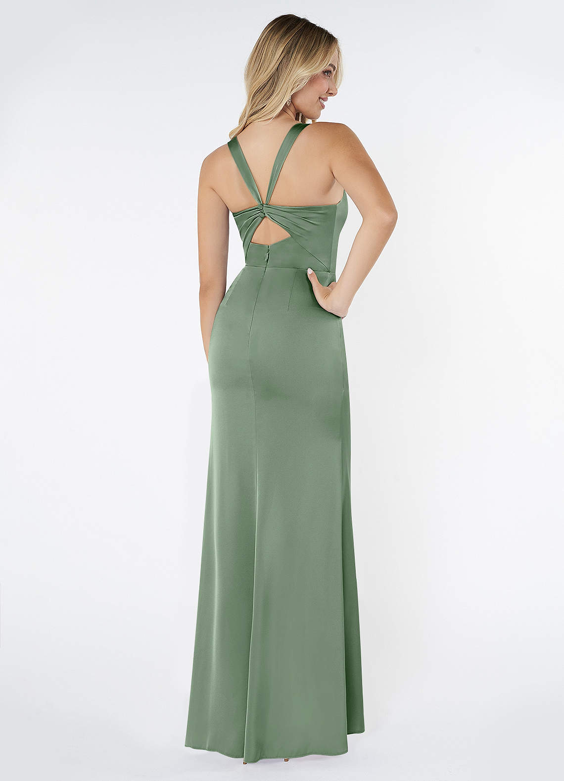 Azazie Mero Bridesmaid Dresses Matcha Sheath Pleated Stretch Satin Dress image2