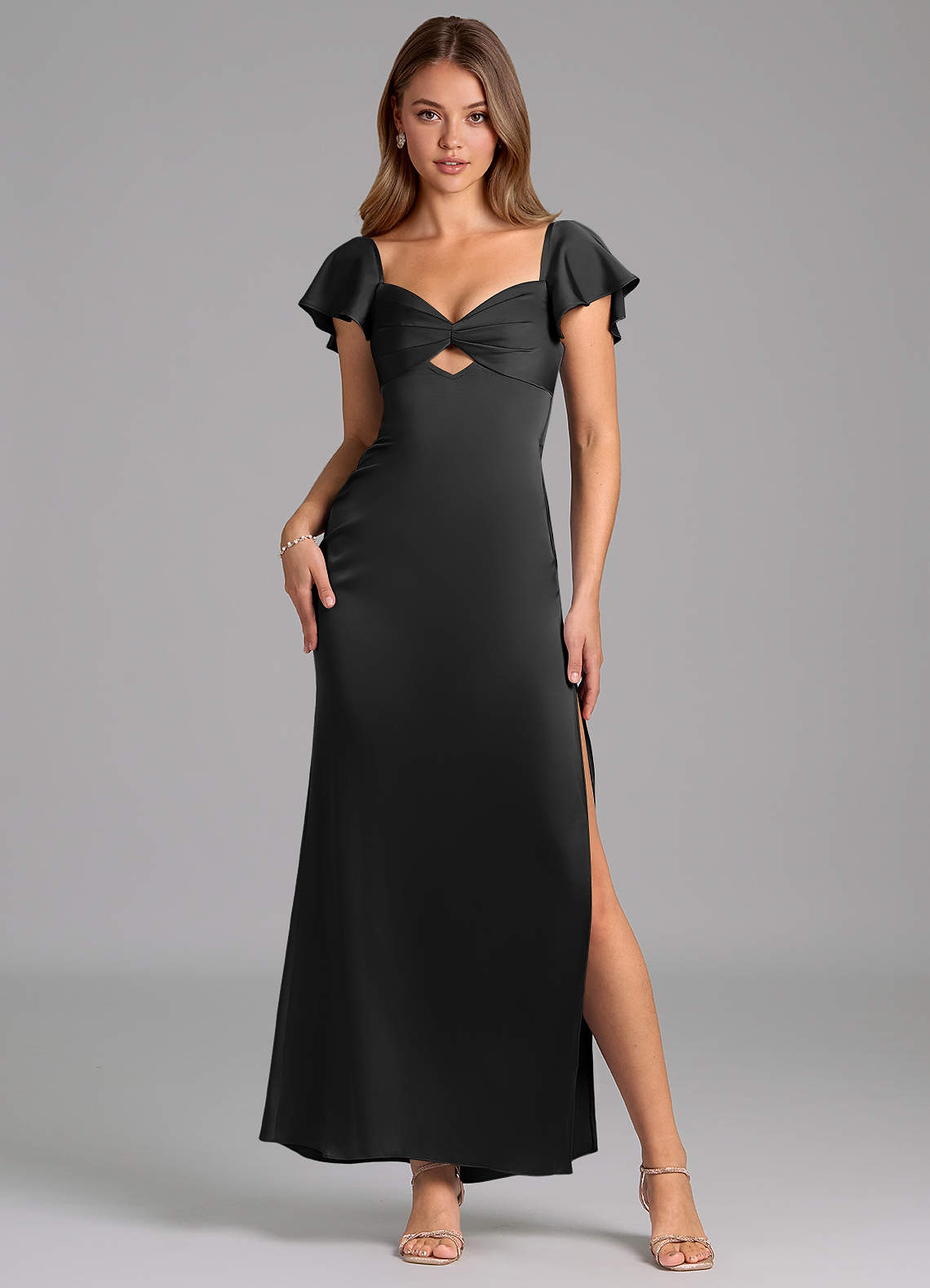 Azazie Demia Bridesmaid Dresses Black Sheath Sweetheart Neckline Stretch Satin Dress image1