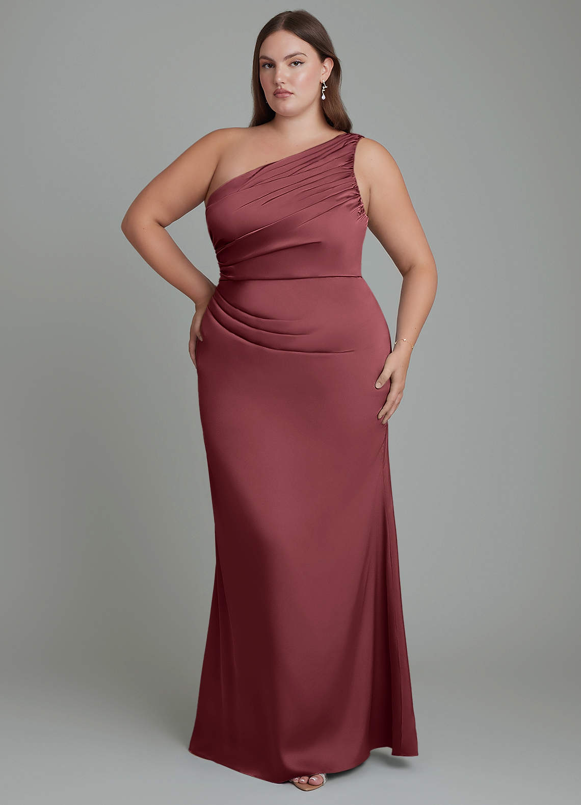 Azazie Akilah Bridesmaid Dresses Merlot Mermaid One Shoulder Stretch Satin Dress image1