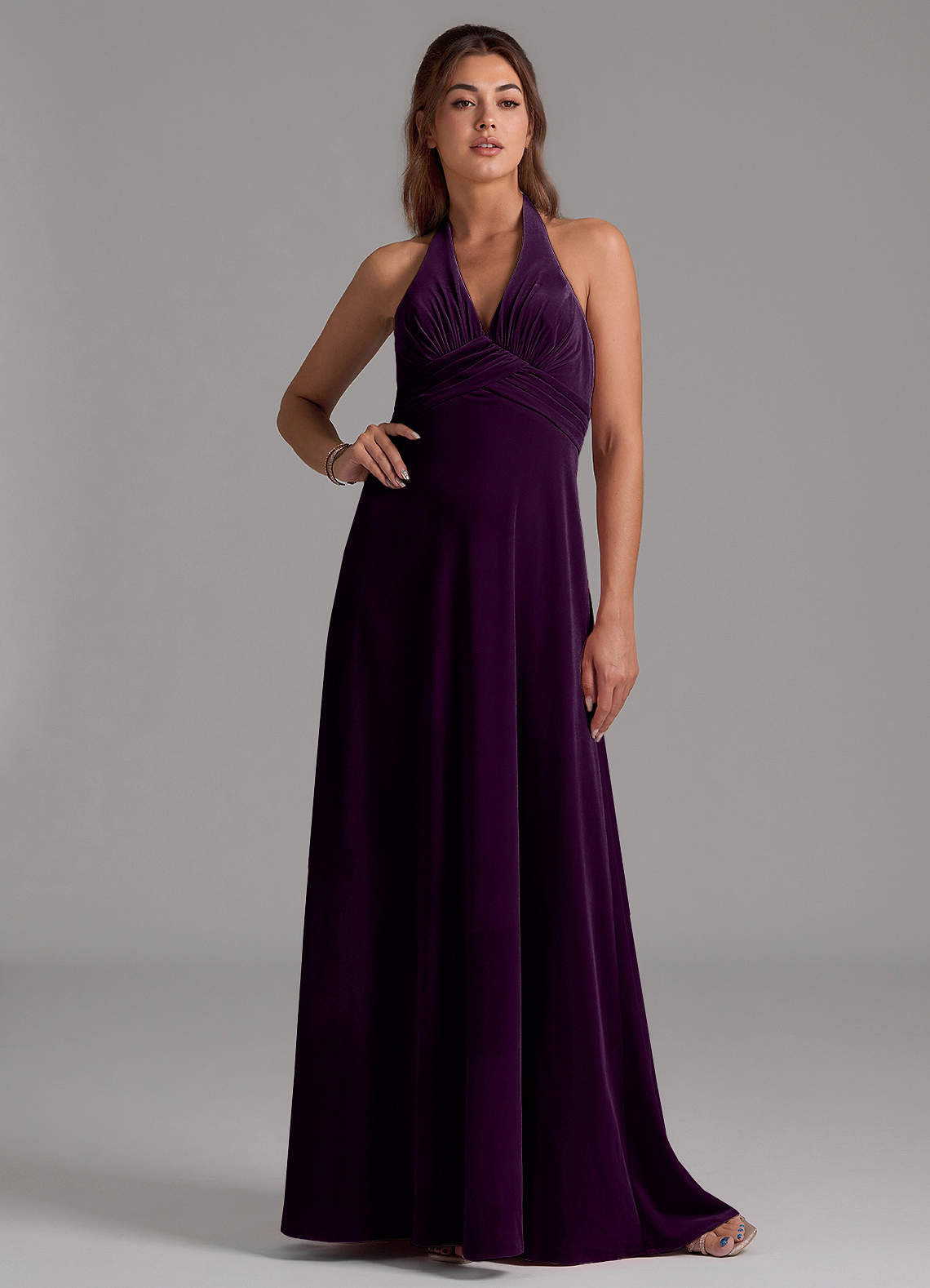 Azazie Tessie Bridesmaid Dresses Grape A-Line Pleated Velvet Dress image1