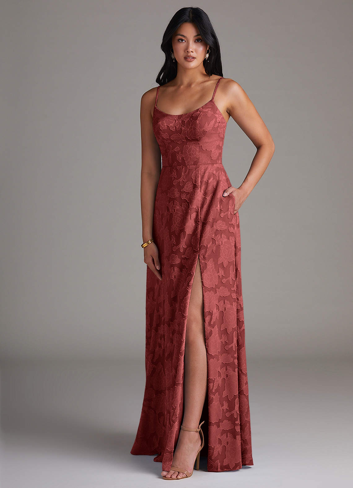 terracotta floral bridesmaid dresses Azazie A-Line Scoop Neck Floor-Length Burnout Belle Disney Princess Blue SwatchStyle:MirabelDress Whether you are dressing Color:Rustic Brown