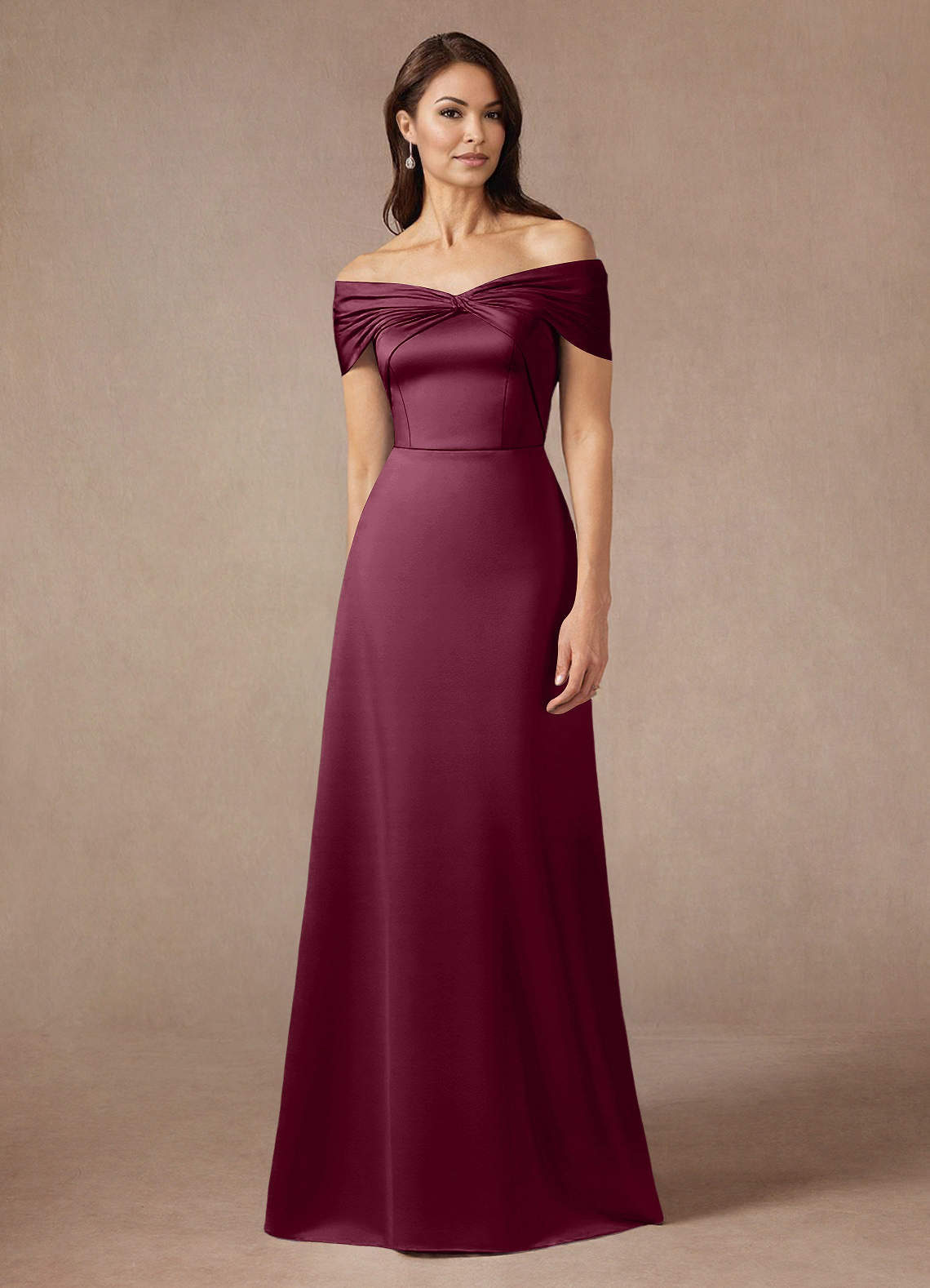 Azazie Amelia Mother of the Bride Dresses Mulberry A-Line Off the Shoulder Stretch Satin Dress image1