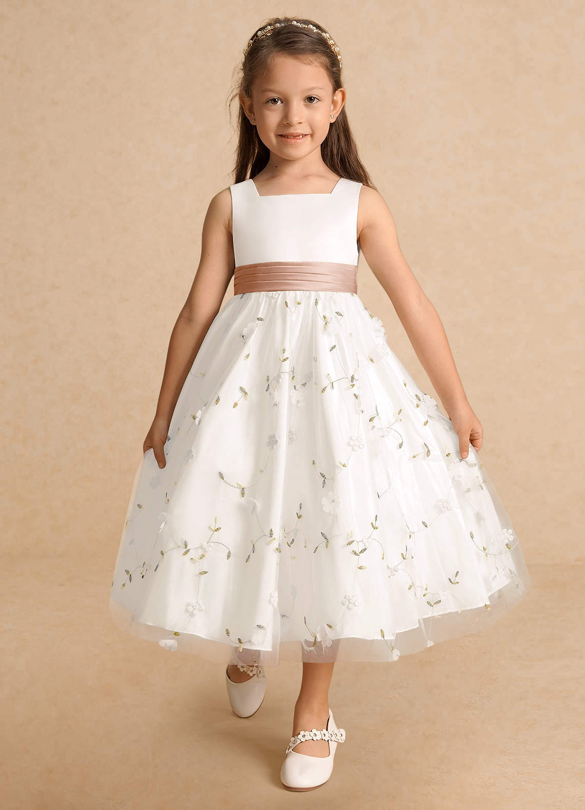 Azazie Pollie Flower Girl Dresses Ivory Champagne Rose A-Line Bow Tulle Dress image9