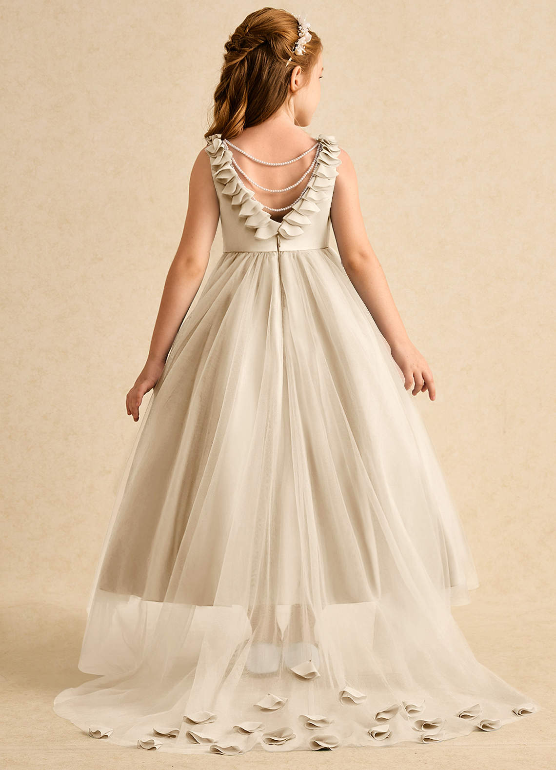 Azazie Lorita Flower Girl Dresses Champagne A-Line Beaded Tulle Dress image1