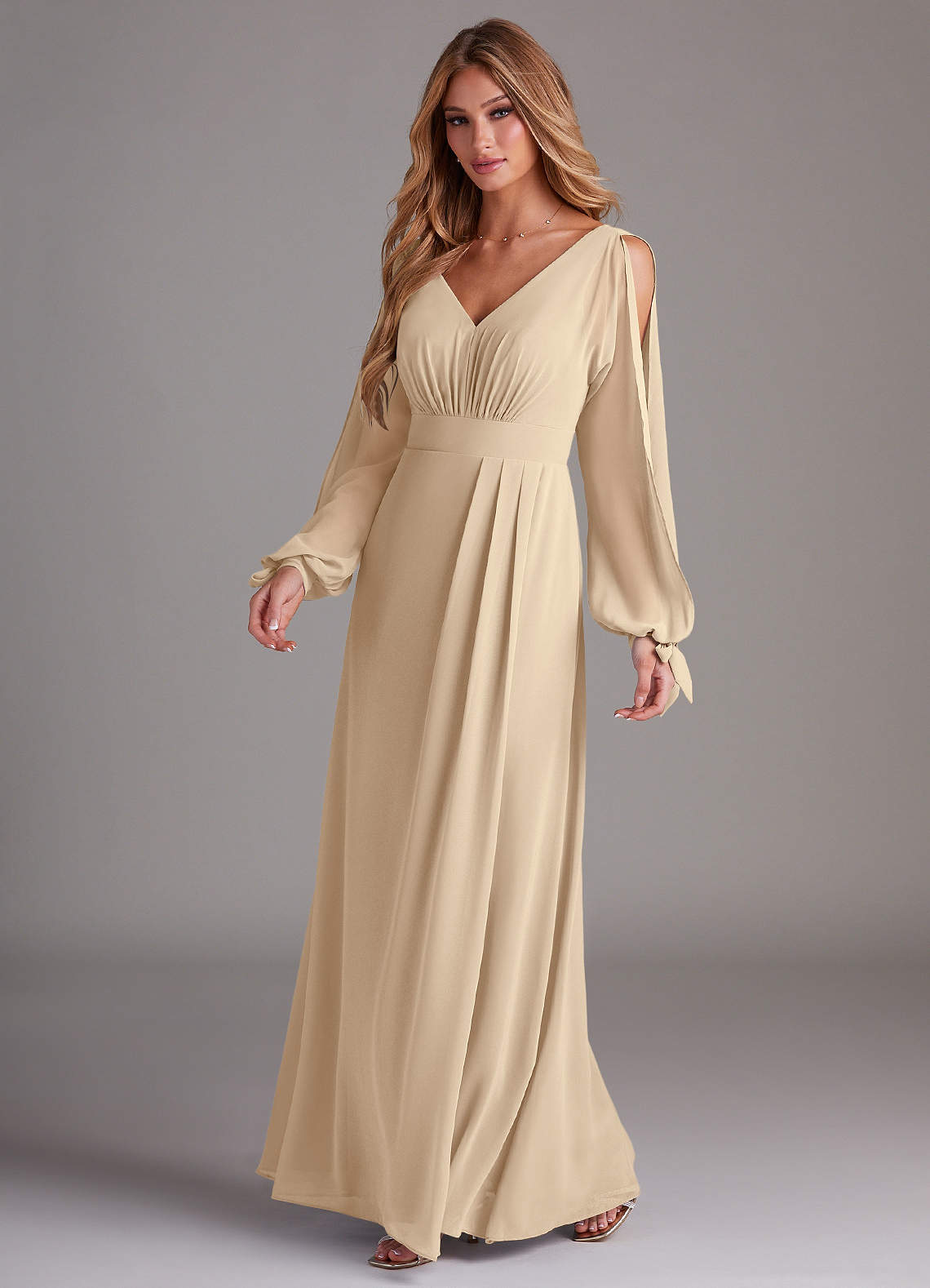 Azazie Matilda Bridesmaid Dresses Champagne A-Line Long Sleeve Chiffon Dress image1