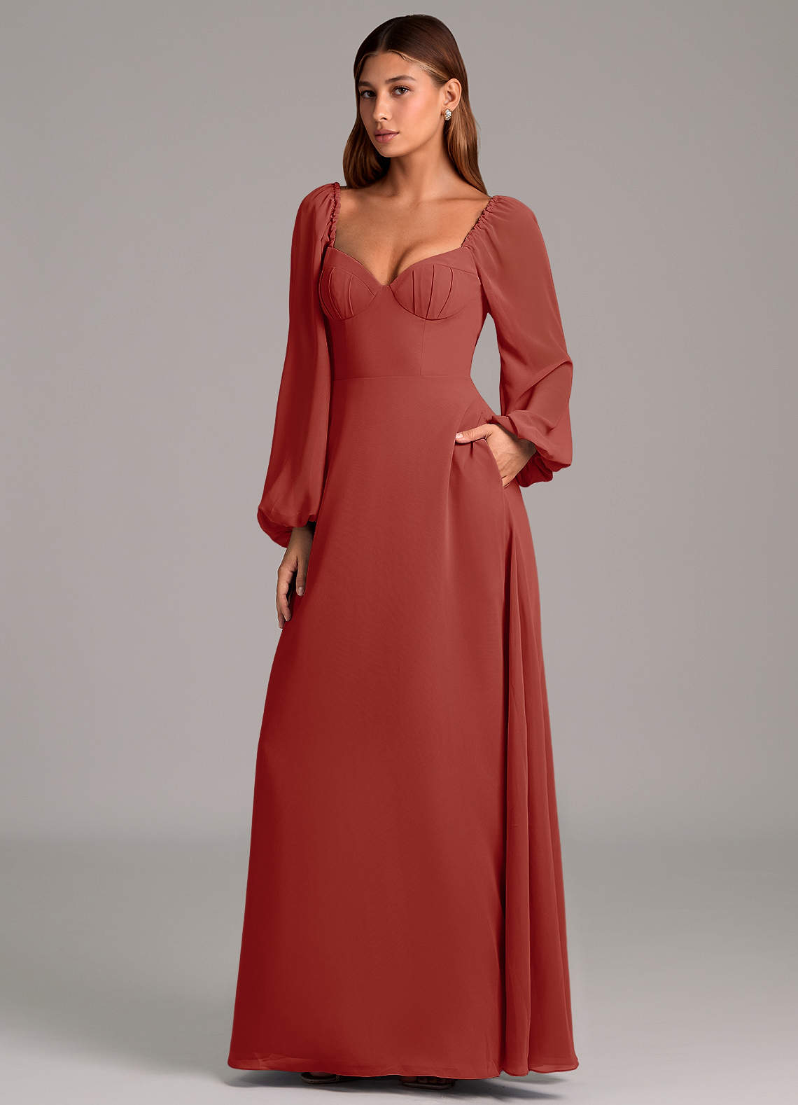 Azazie Annistyn Abiti da Damigella Abito A-Line in Chiffon Manica Lunga Terracotta image1