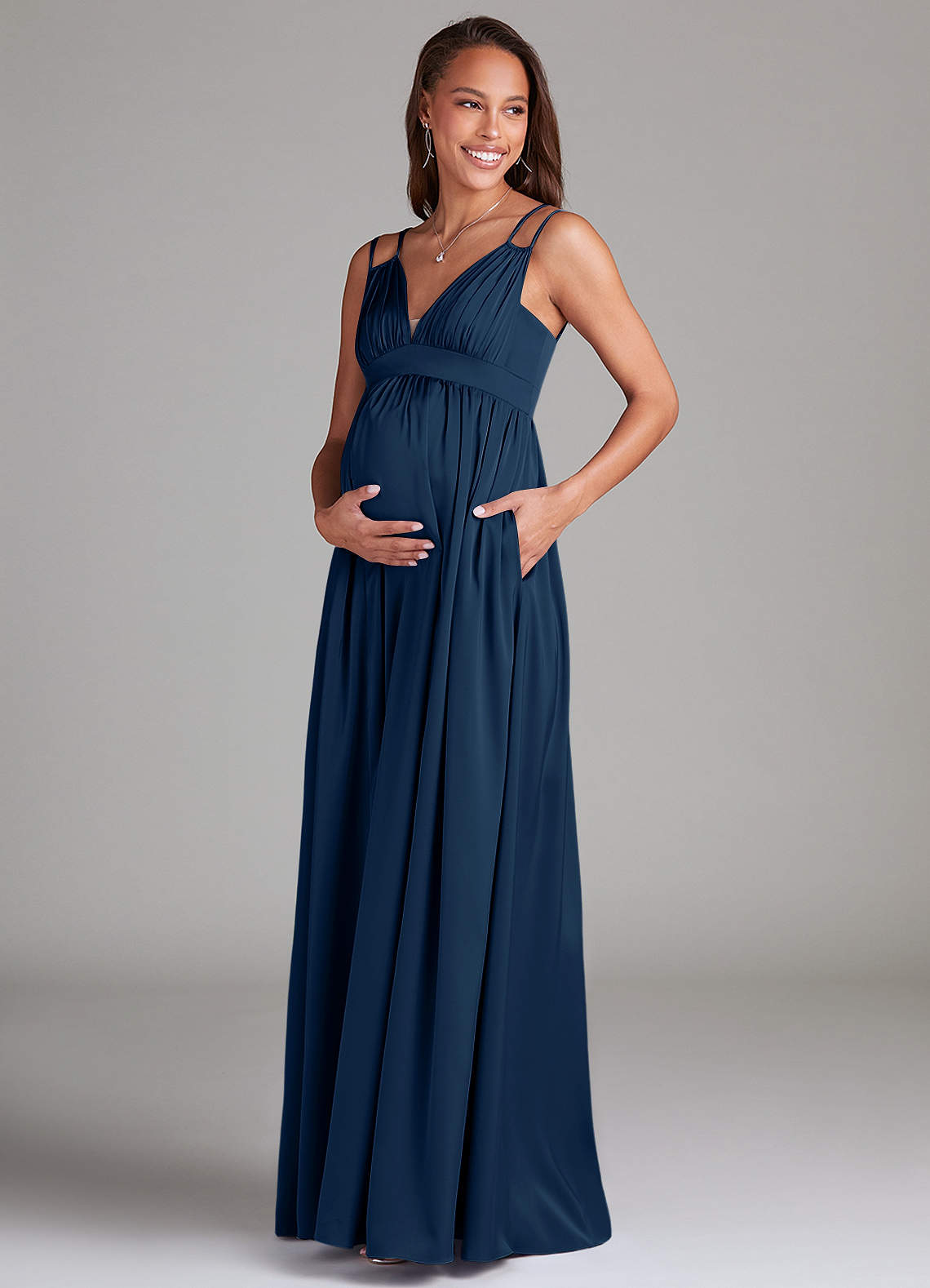 Azazie Emree Maternity Bridesmaid Dresses A-Line Stretch Satin Floor-Length Dress with Pockets image2