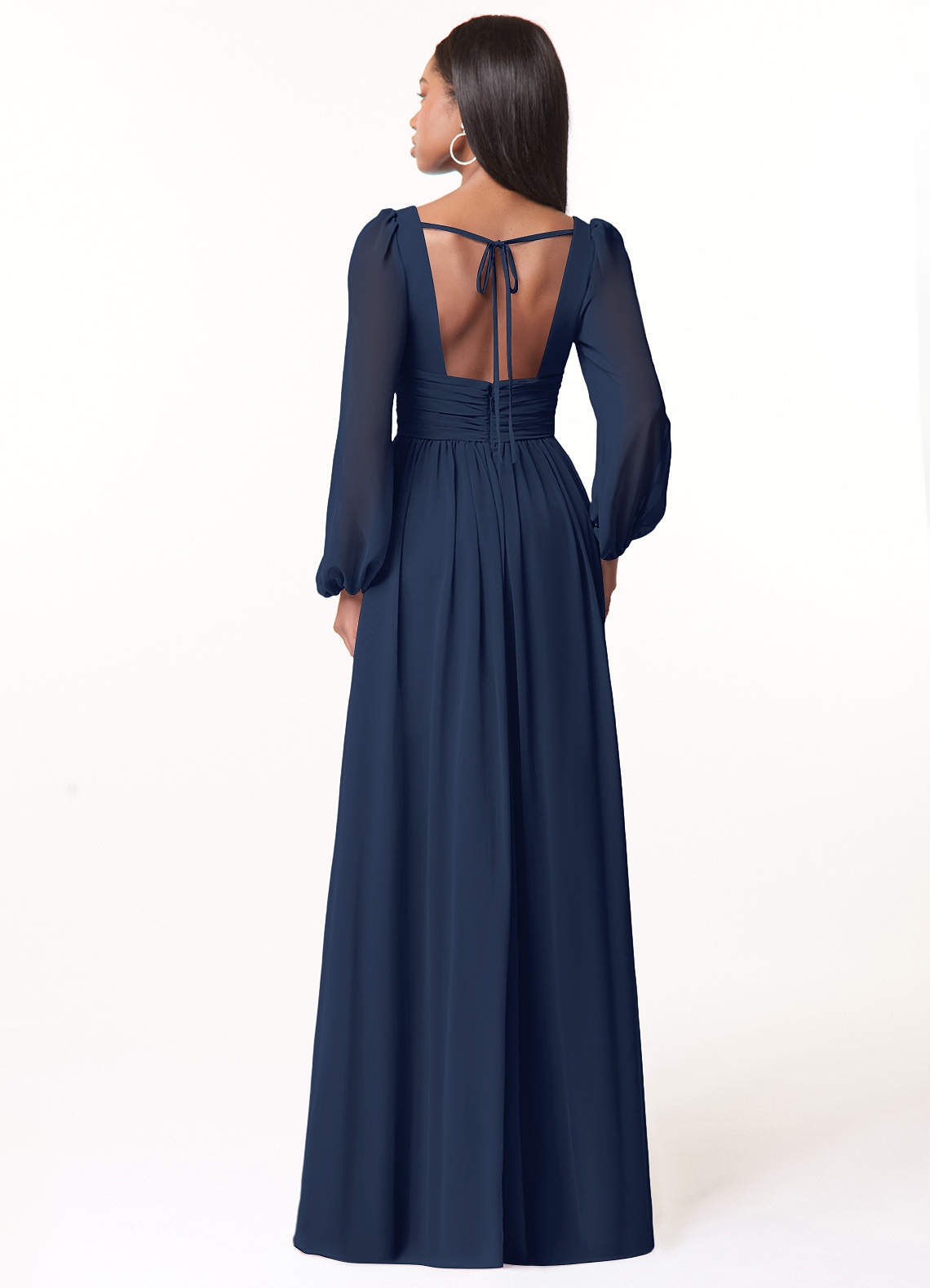 Azazie Norah Bridesmaid Dresses Dark Navy A-Line V-Neck Long Sleeve Chiffon Dress image1