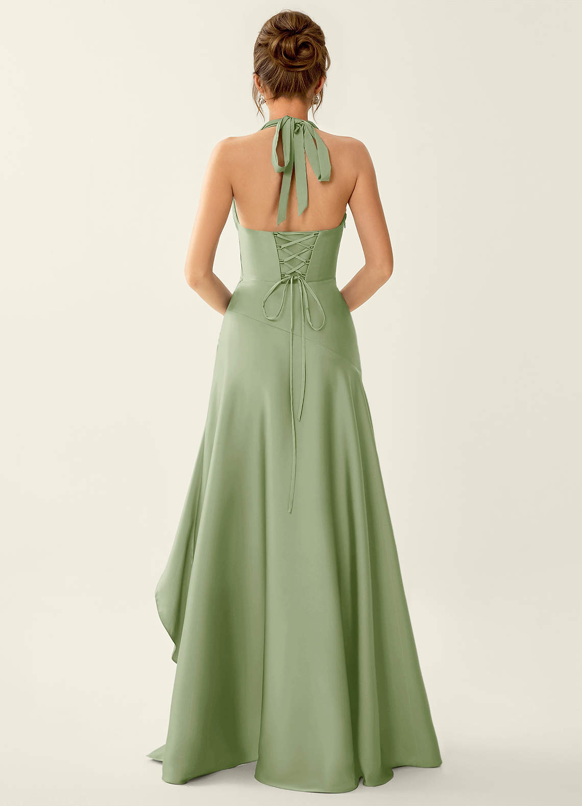 Titania Light Green Halter Ruched High Slit Satin Dress