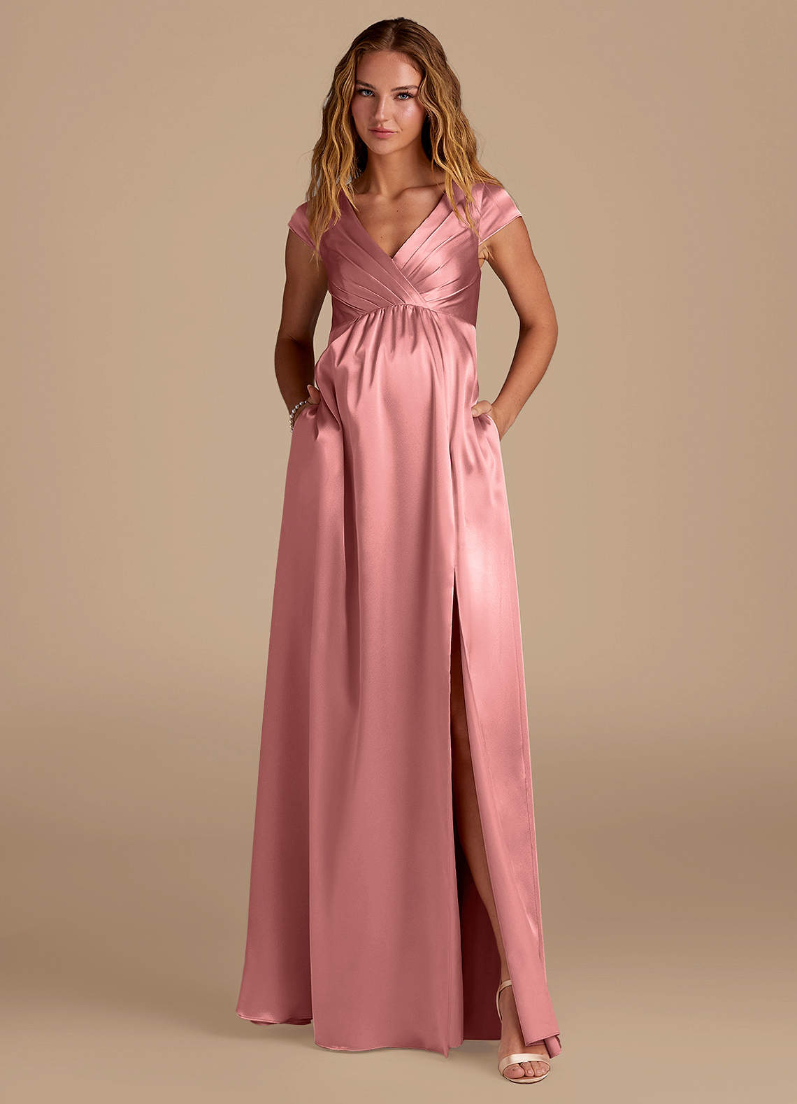 Azazie Allessia Venda final Vestido Linha A Comprimento do chão Cetim Metálico image3