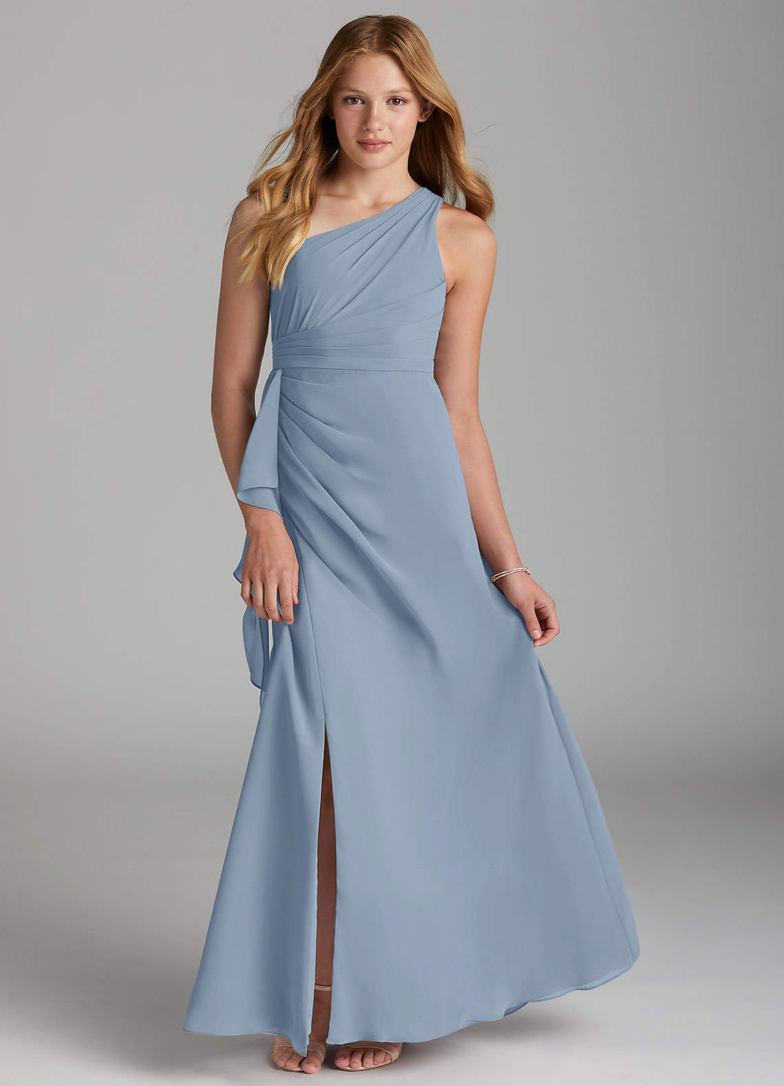 Azazie Maive Junior Dusty Blue A-Line Pleated Chiffon Dress image1