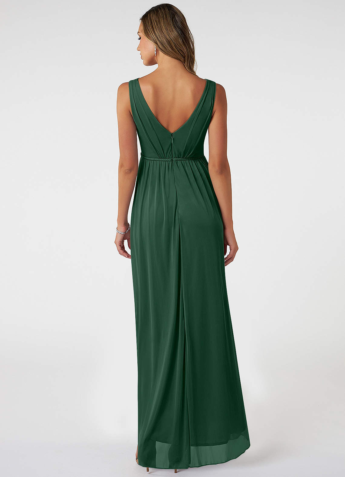 Azazie Tanicia Bridesmaid Dresses Dark Green A-Line V-Neck Pleated Mesh Dress image1