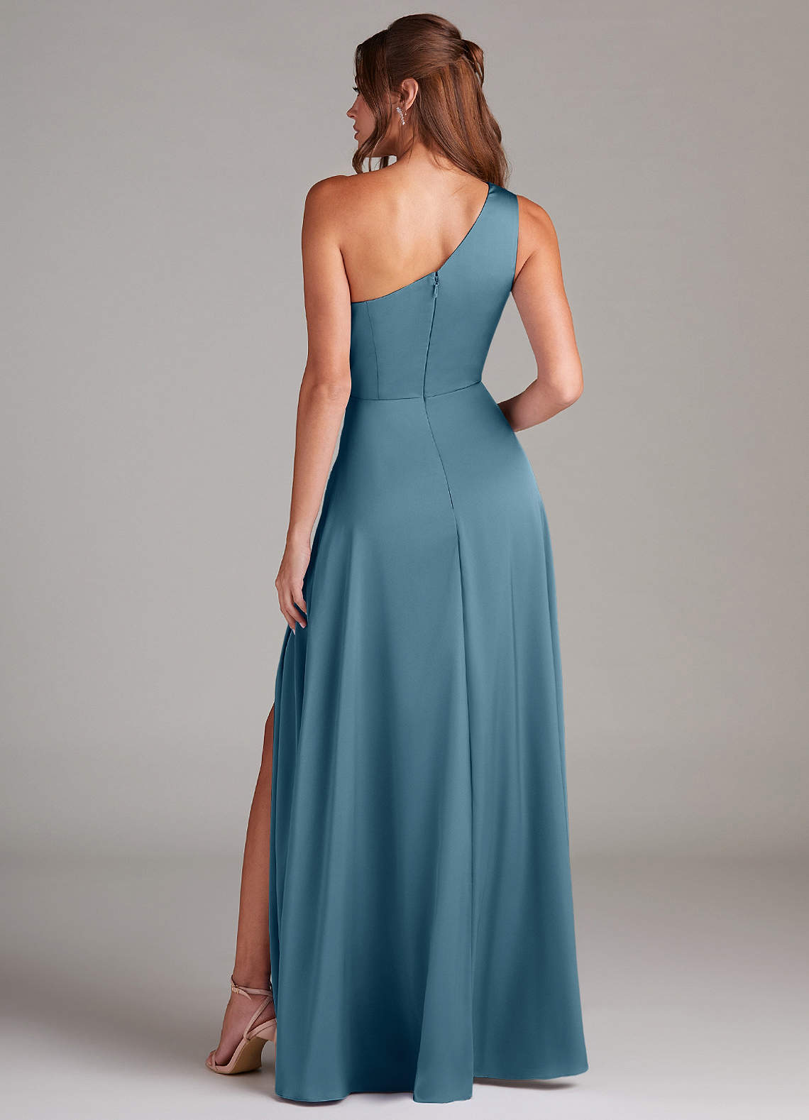 Azazie Brooke Bridesmaid Dresses Bermuda A-Line One Shoulder Stretch Satin Dress image6