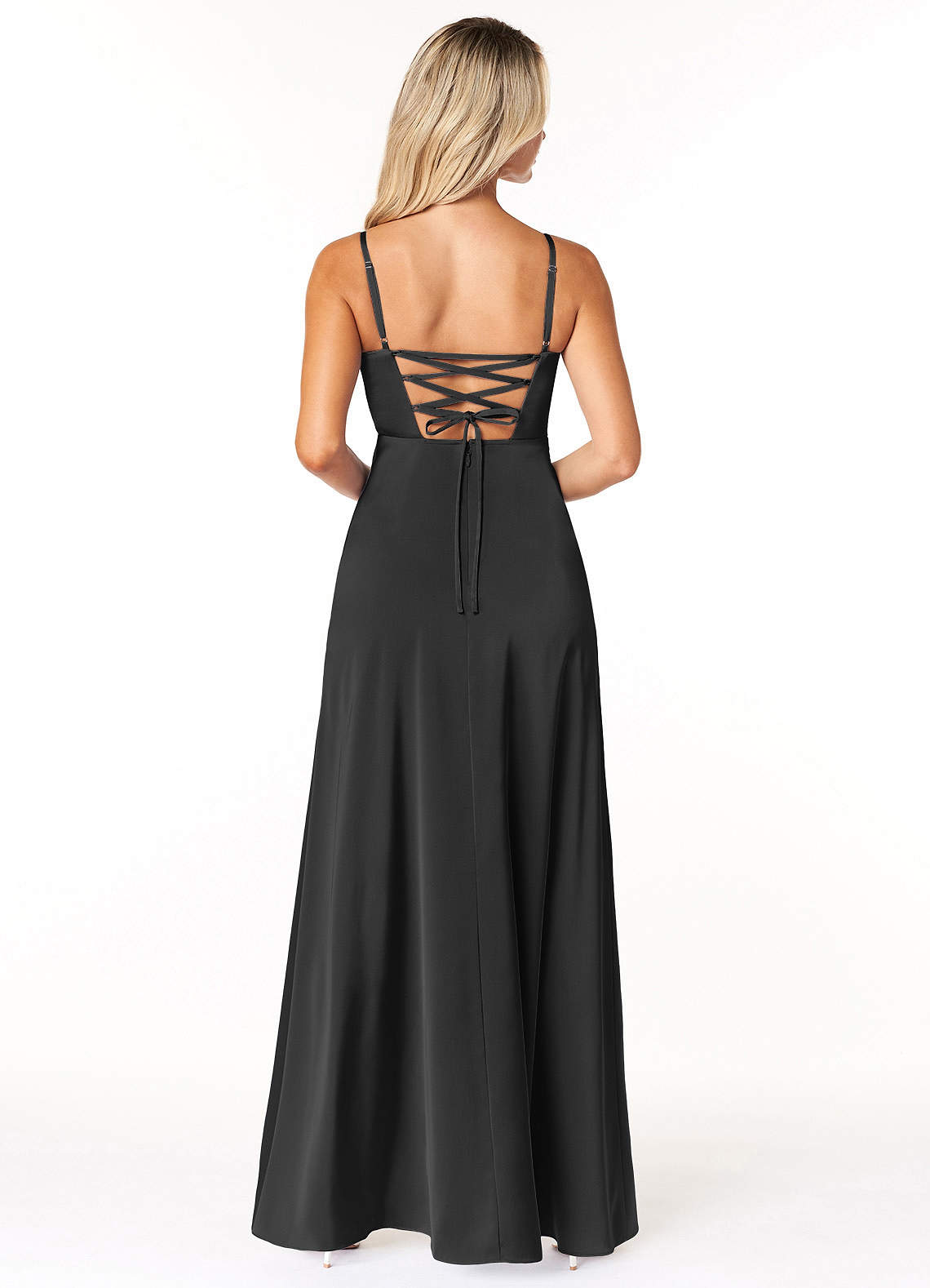 Azazie Marchella Vestidos de damas de honor Vestido de Negro de Satén Elástico de Corte en A con Corsé image1