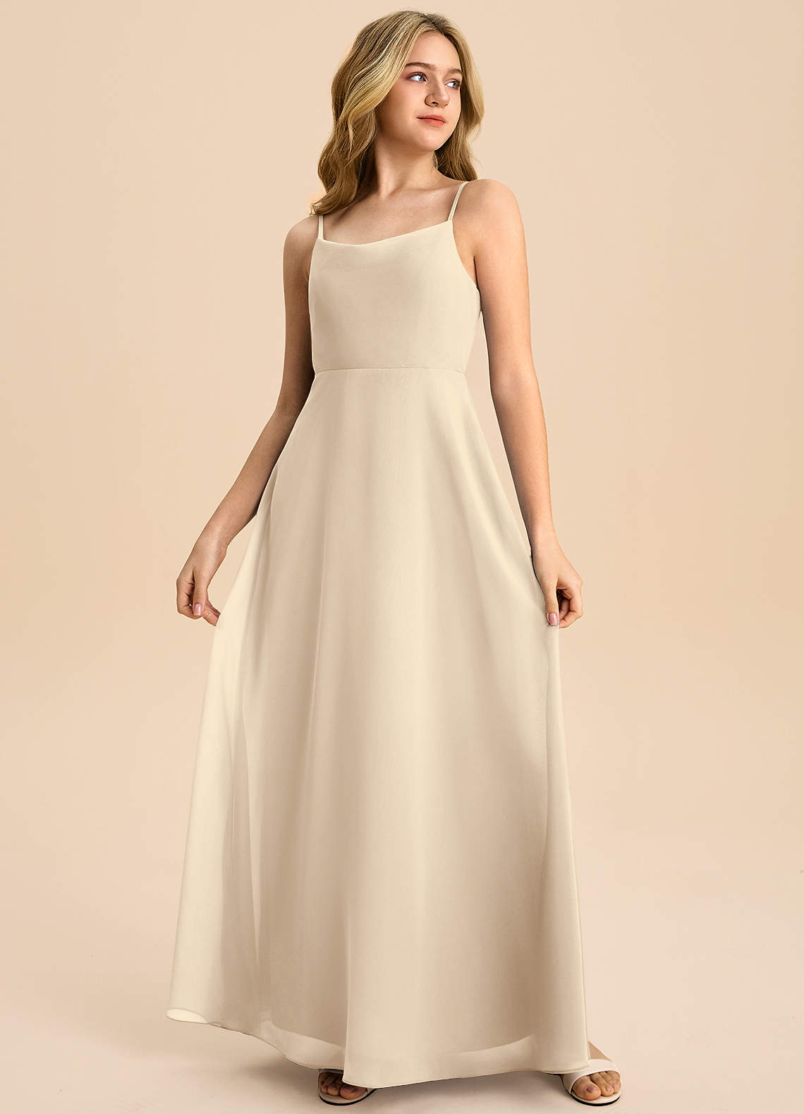 Azazie Shale Junior Champagne A-Line Bow Chiffon Dress image3