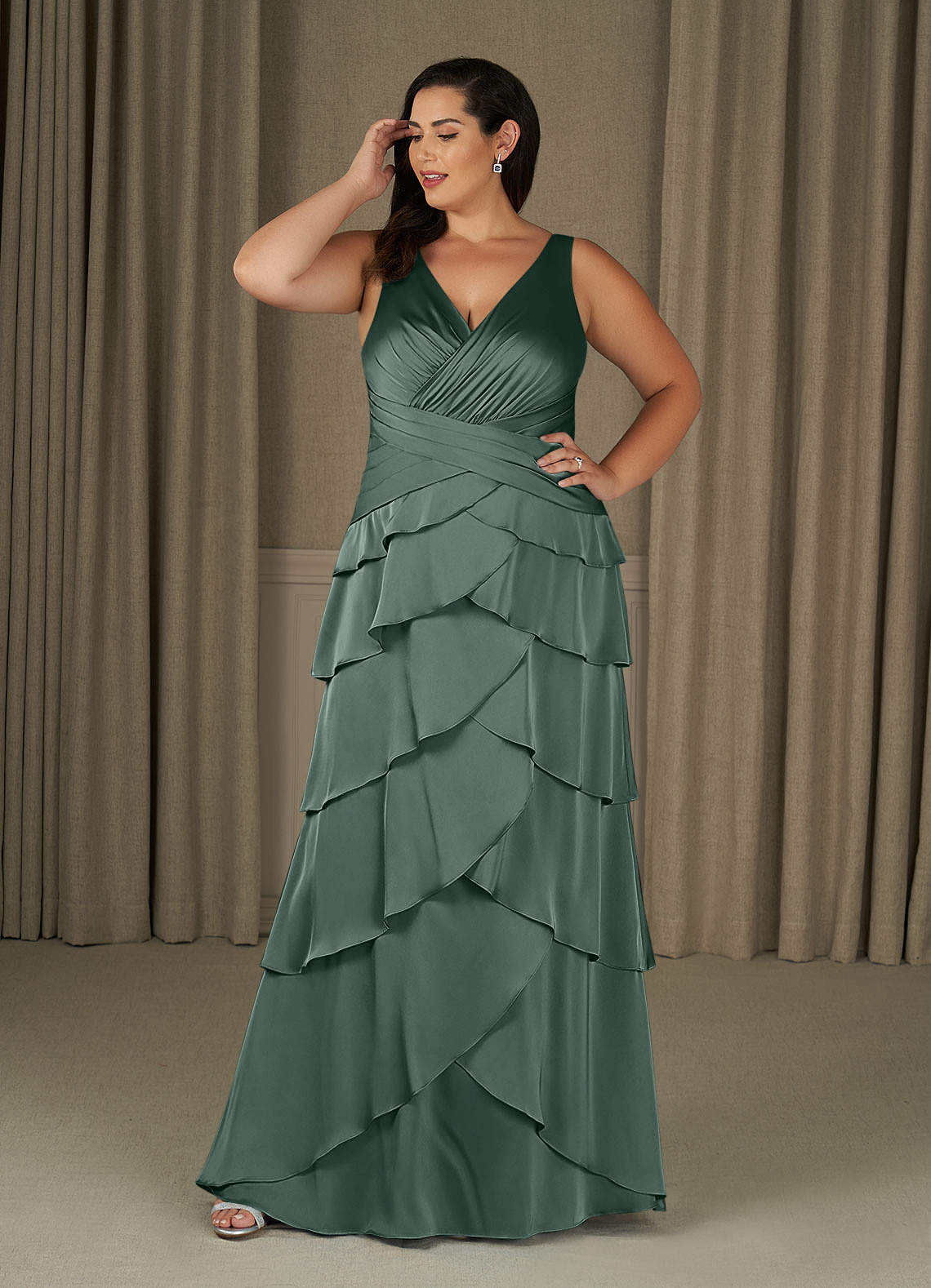 Azazie Viola Mother of the Bride Dresses Sea Moss A-Line Pleated Stretch Satin Dress image1