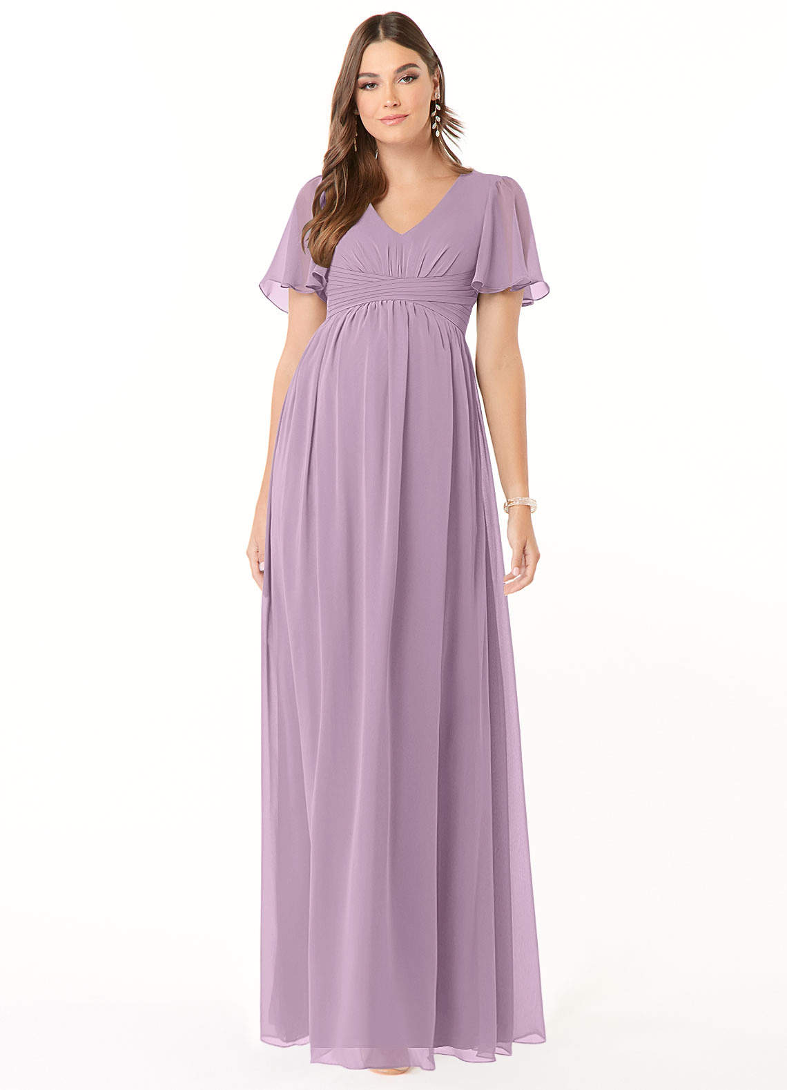 Azazie Verna Robes de demoiselle d'honneur de maternité Robe Trapèze Col V froncé Longueur ras du sol Mousseline de soie image1
