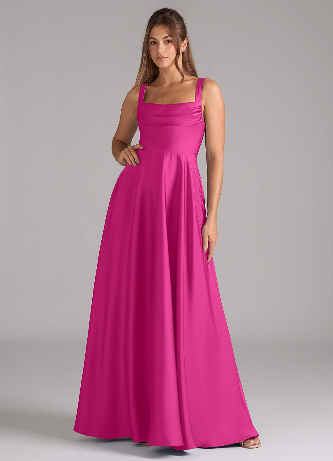 Azazie Shaude Bridesmaid Dresses Fuchsia A-Line Pleated Stretch Satin Dress image1