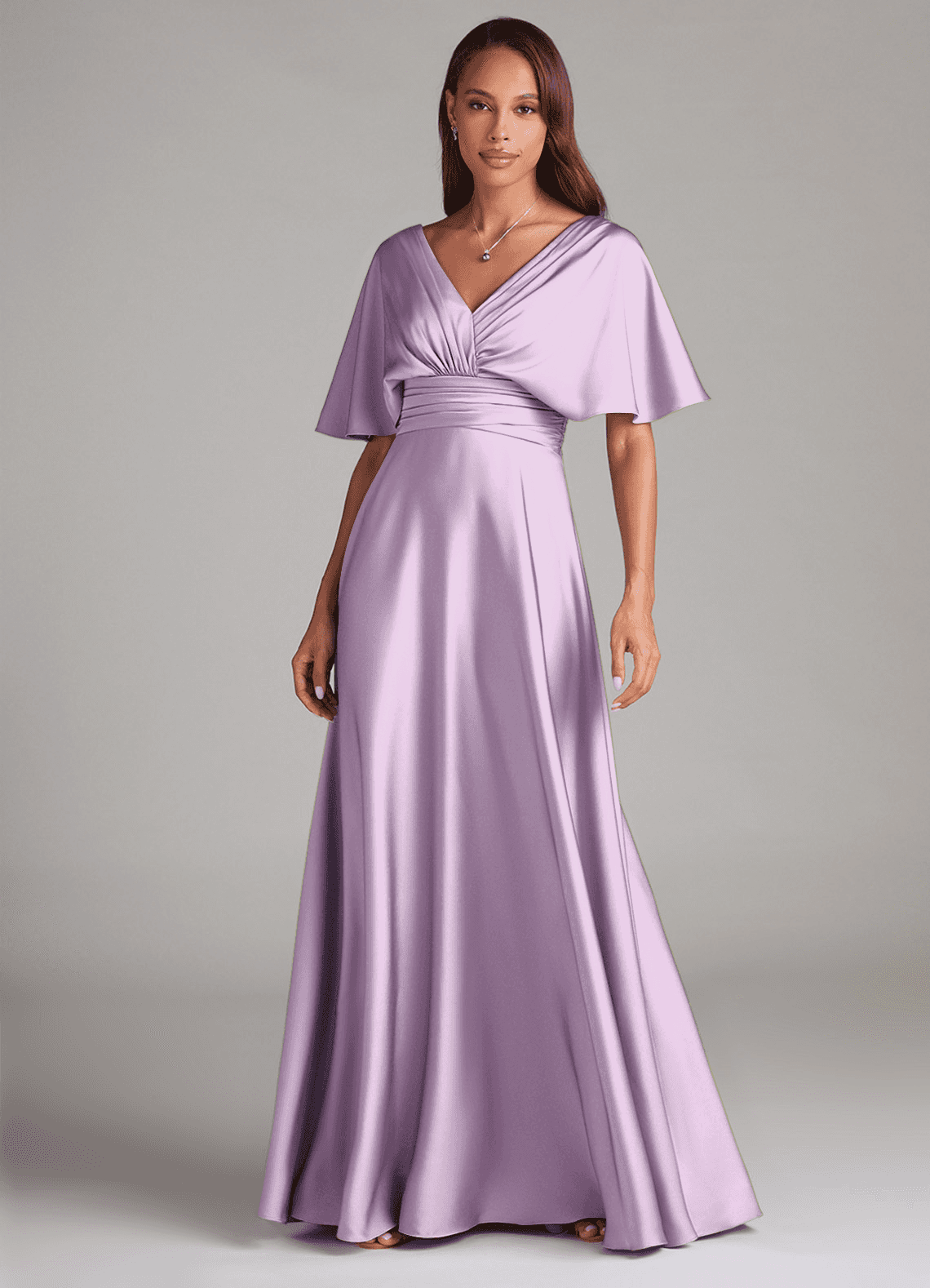 Azazie Pamela Vestidos de damas de honor Vestido de Lila Esmerilada de Satén Elástico de Corte en A con Plisado image1