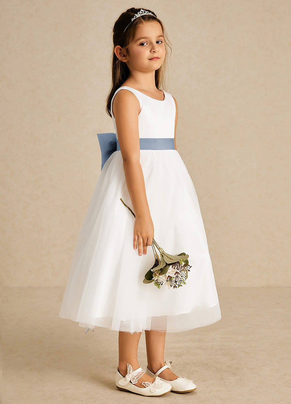 Azazie Kavi Flower Girl Dresses Ivory Dusty Blue A-Line Bow Matte Satin Dress image3