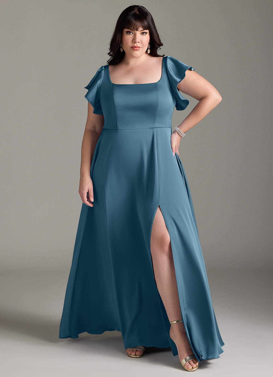 Azazie Bondi Brautjungfernkleider A-Linie Schleifen Stretch-Satin Kleid Bermudablau image1