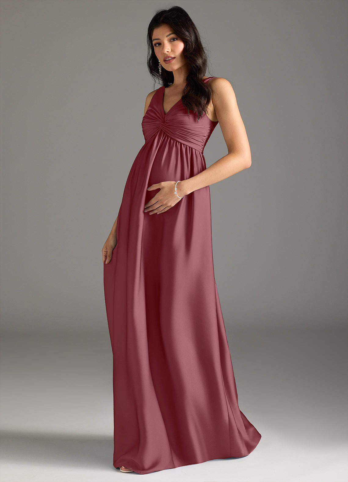 Azazie Yetta Maternity Bridesmaid Dresses A-Line Pleated Stretch Satin Floor-Length Dress image1