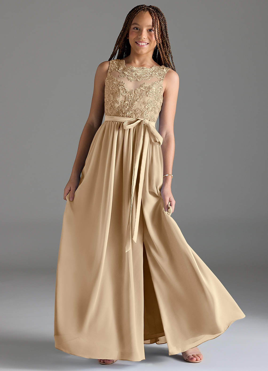 Azazie Elly Junior Champagne A-Line Lace Chiffon Dress image1