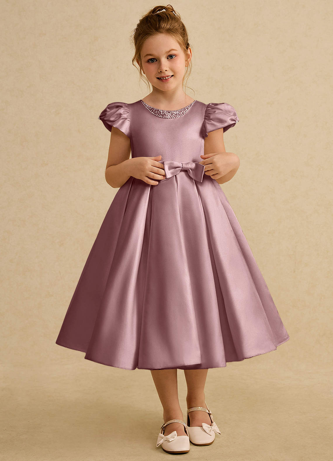 Azazie Pearl Flower Girl Dresses Dusty Rose Ball-Gown Pleated Matte Satin Dress image1