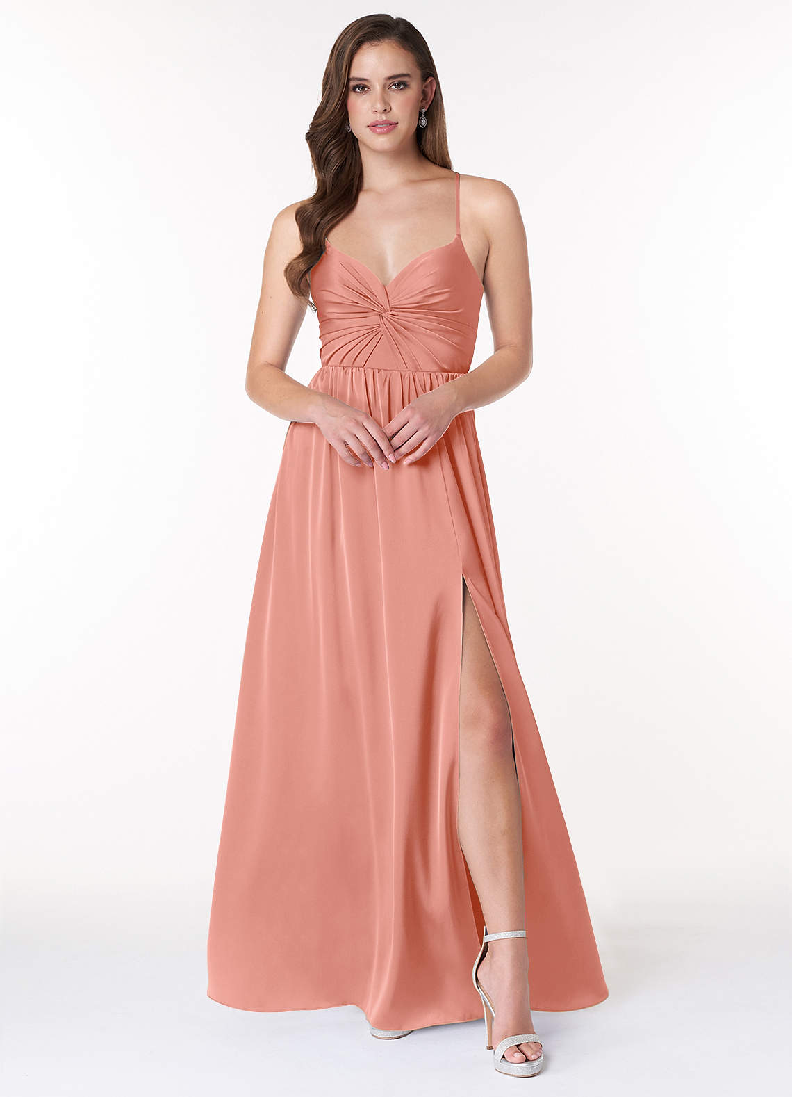 Azazie Raya Bridesmaid Dresses Coral A-Line V-Neck Pleated Stretch Satin Dress image1