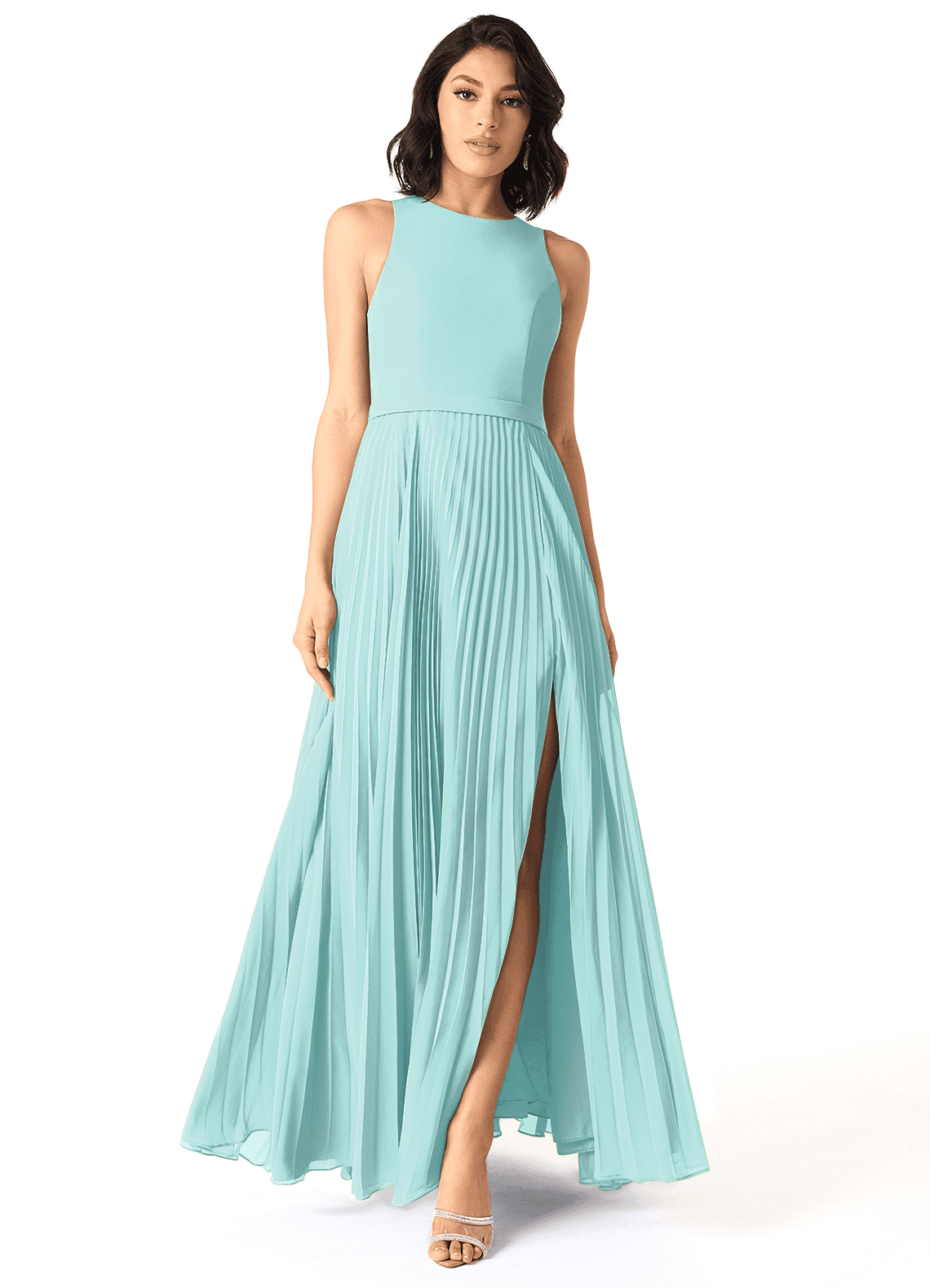 Azazie Lindie Bridesmaid Dresses Aqua A-Line Scoop Pleated Chiffon Dress image1