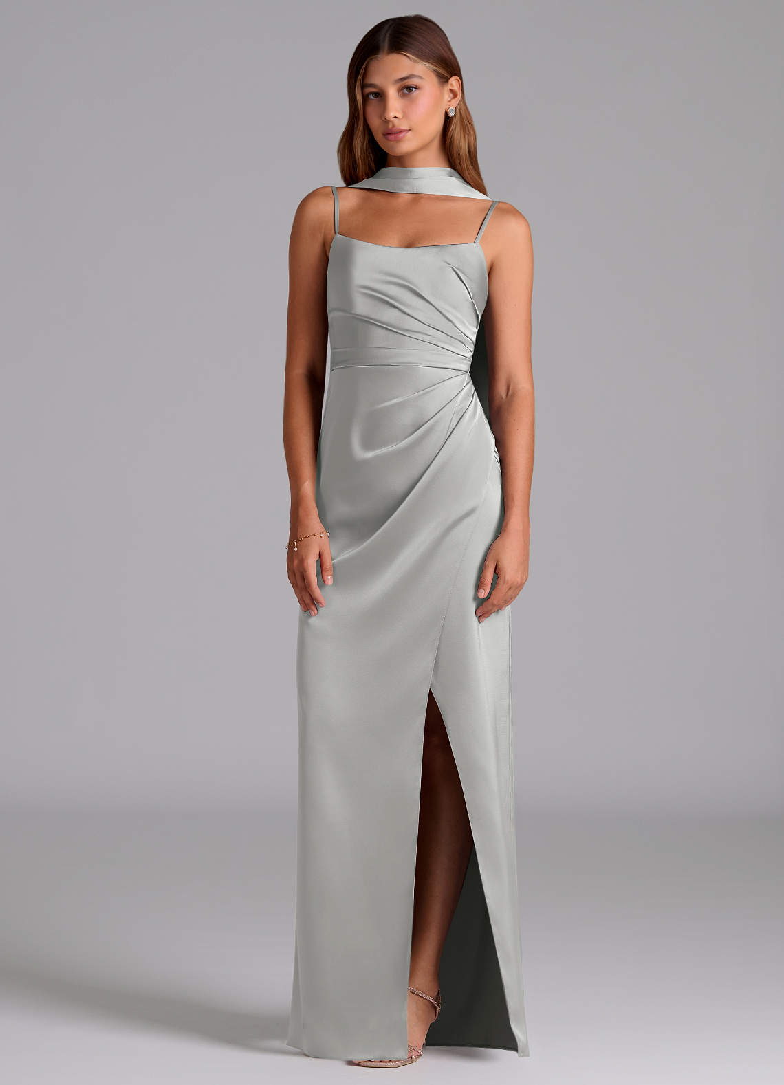 Azazie Calandra Brudepigekjoler En streg Plisseret Stræk satin Gulv-længde Kjole image2