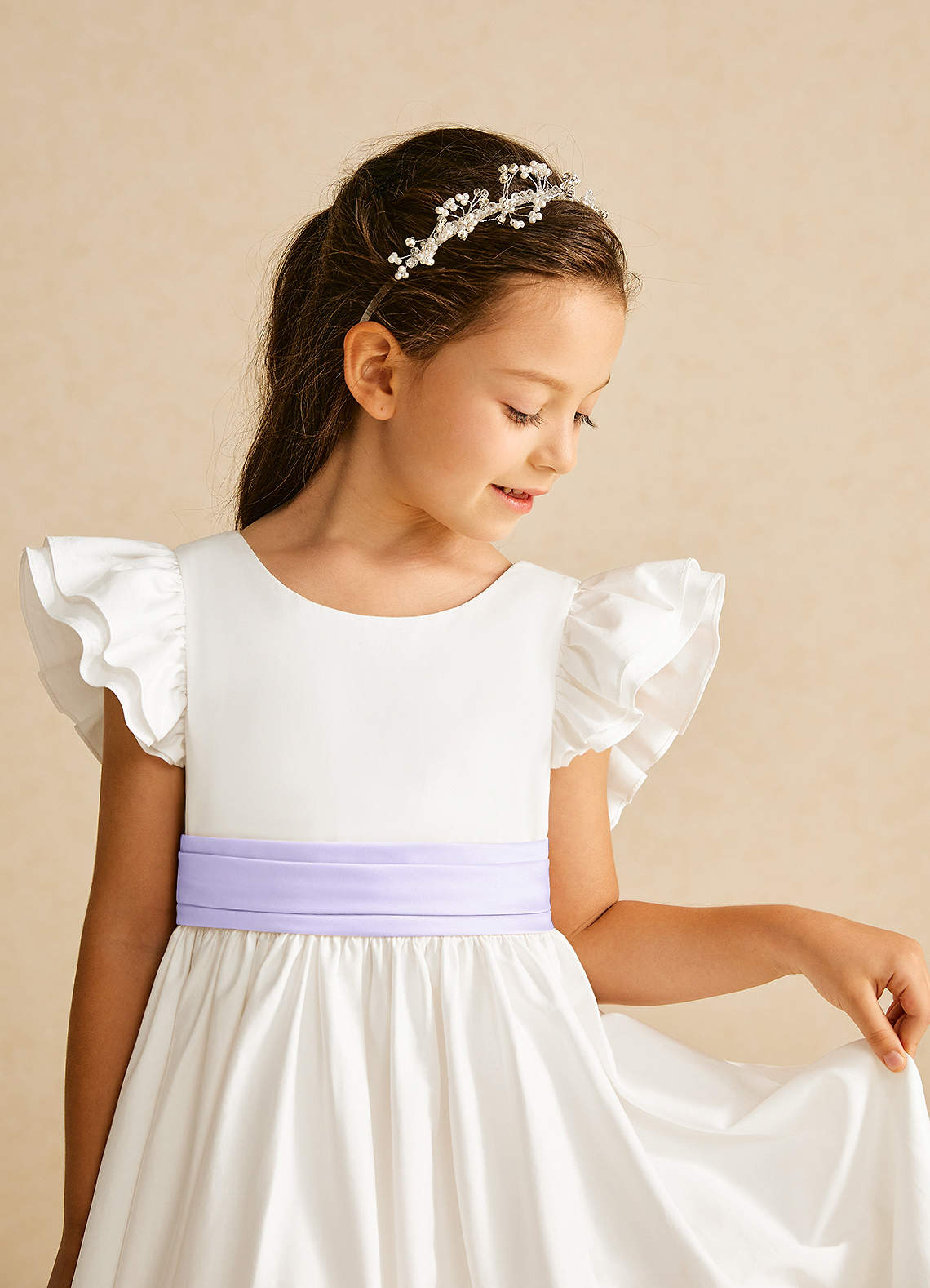 Azazie Aero Flower Girl Dresses Ivory Lilac A-Line Pleated Cotton Dress image2