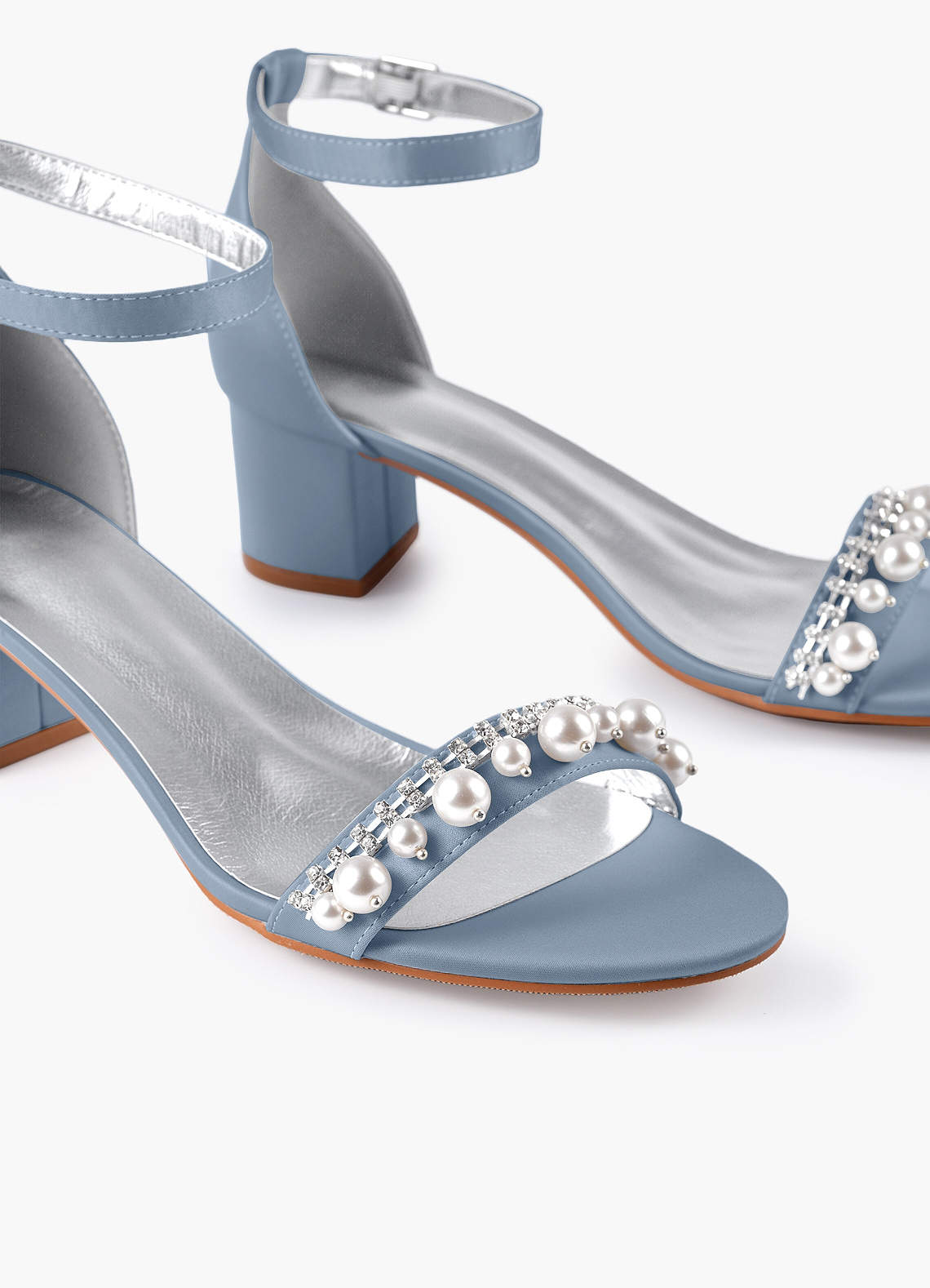 front Matching Color Matte Satin Pearl and Rhinestone Block Heel Sandals