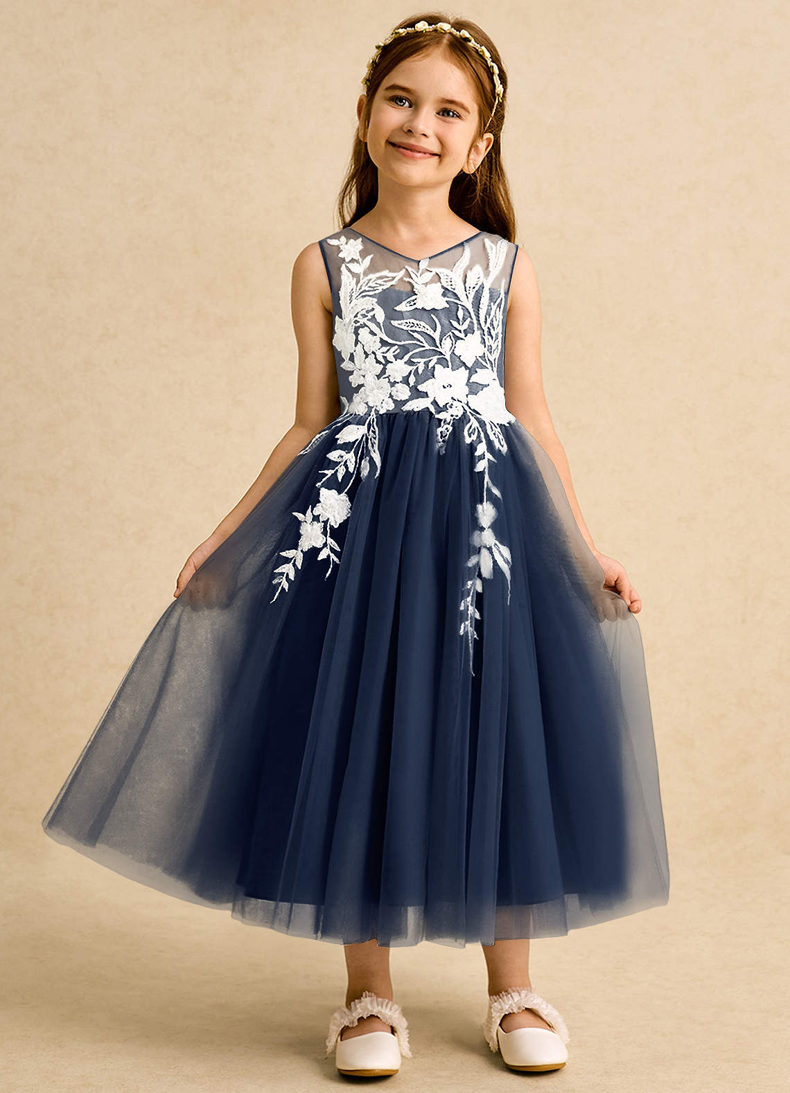 Azazie Sundae Flower Girl Dresses Dark Navy Ball-Gown Lace Dress image5