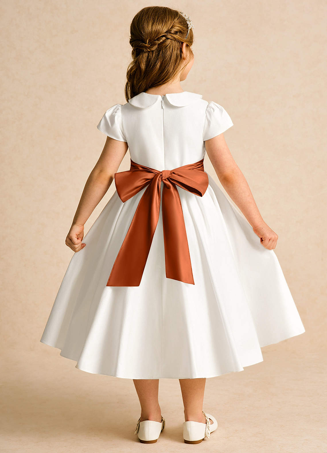 Azazie Deary Flower Girl Dresses Ivory Burnt Orange A-Line Bow Cotton Dress image1