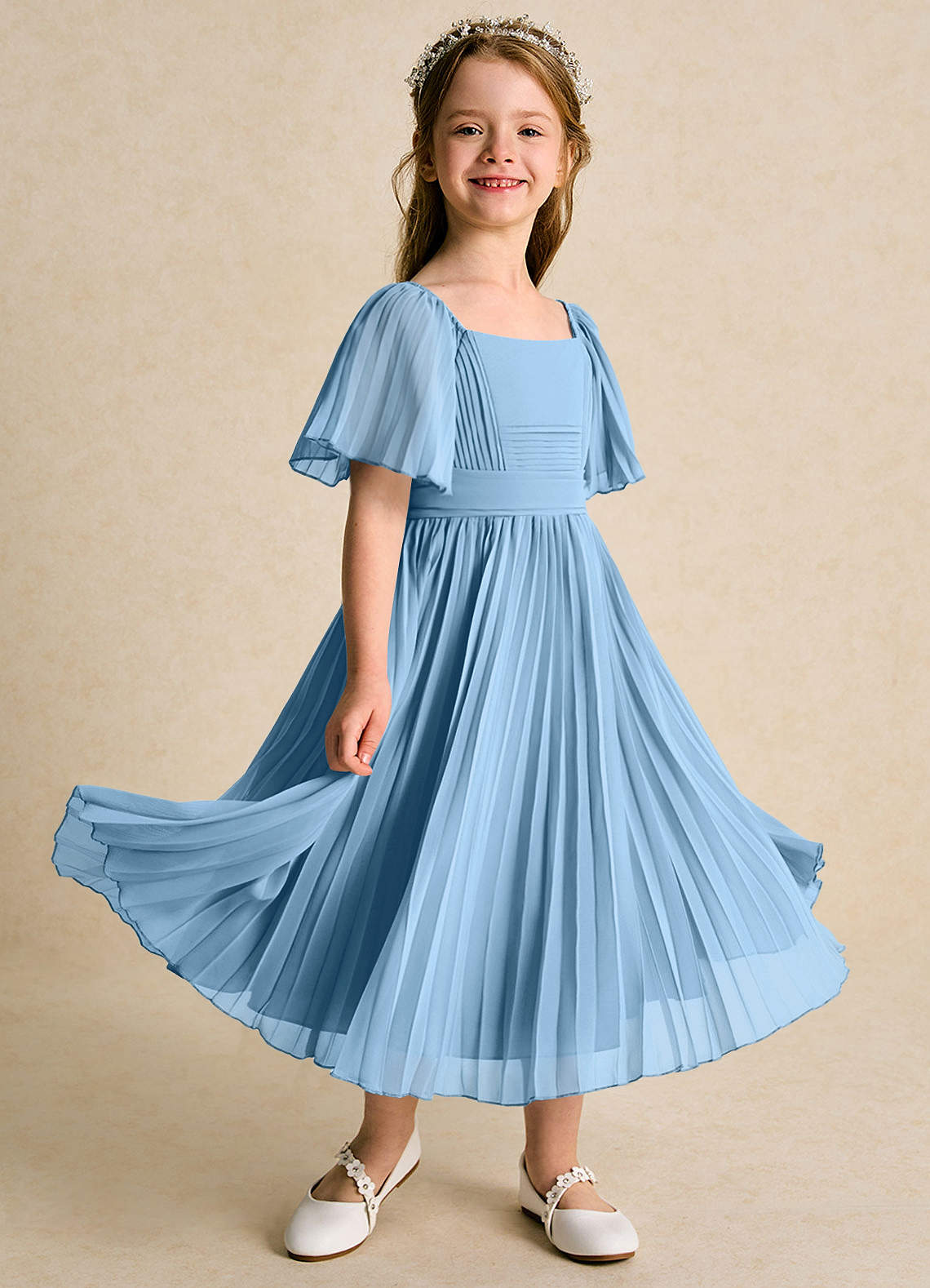 Azazie Gisele Steel Blue A-Line Pleated Chiffon Dress Azazie