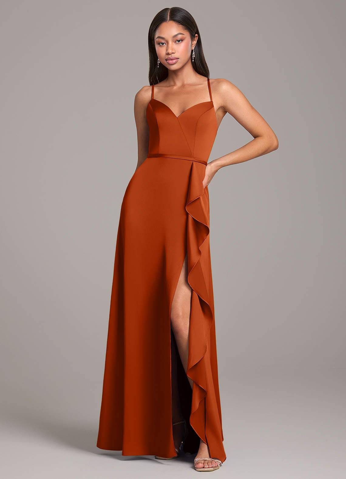 Azazie Naeem Bridesmaid Dresses Burnt Orange A-Line Stretch Satin Dress image1
