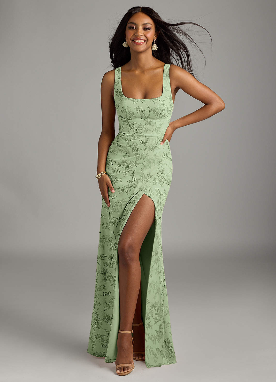 Azazie Mero Bridesmaid Dresses Green Fern Floral Sheath Pleated Chiffon Dress image1